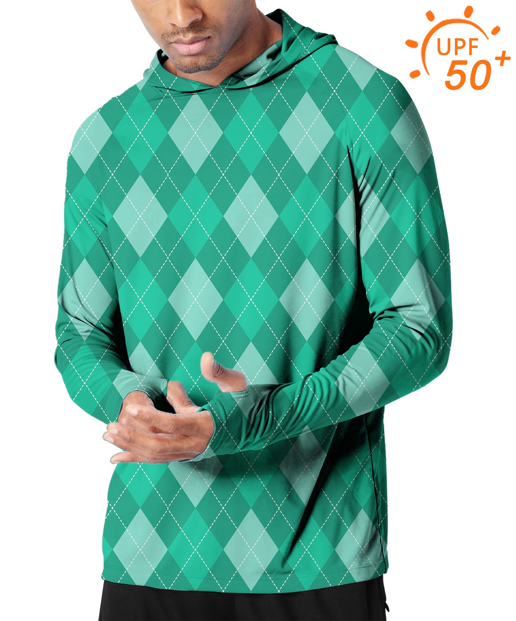 Men's outdoor green argyle slim fit sun protection hoodie with UPF 50+ and thumb holes