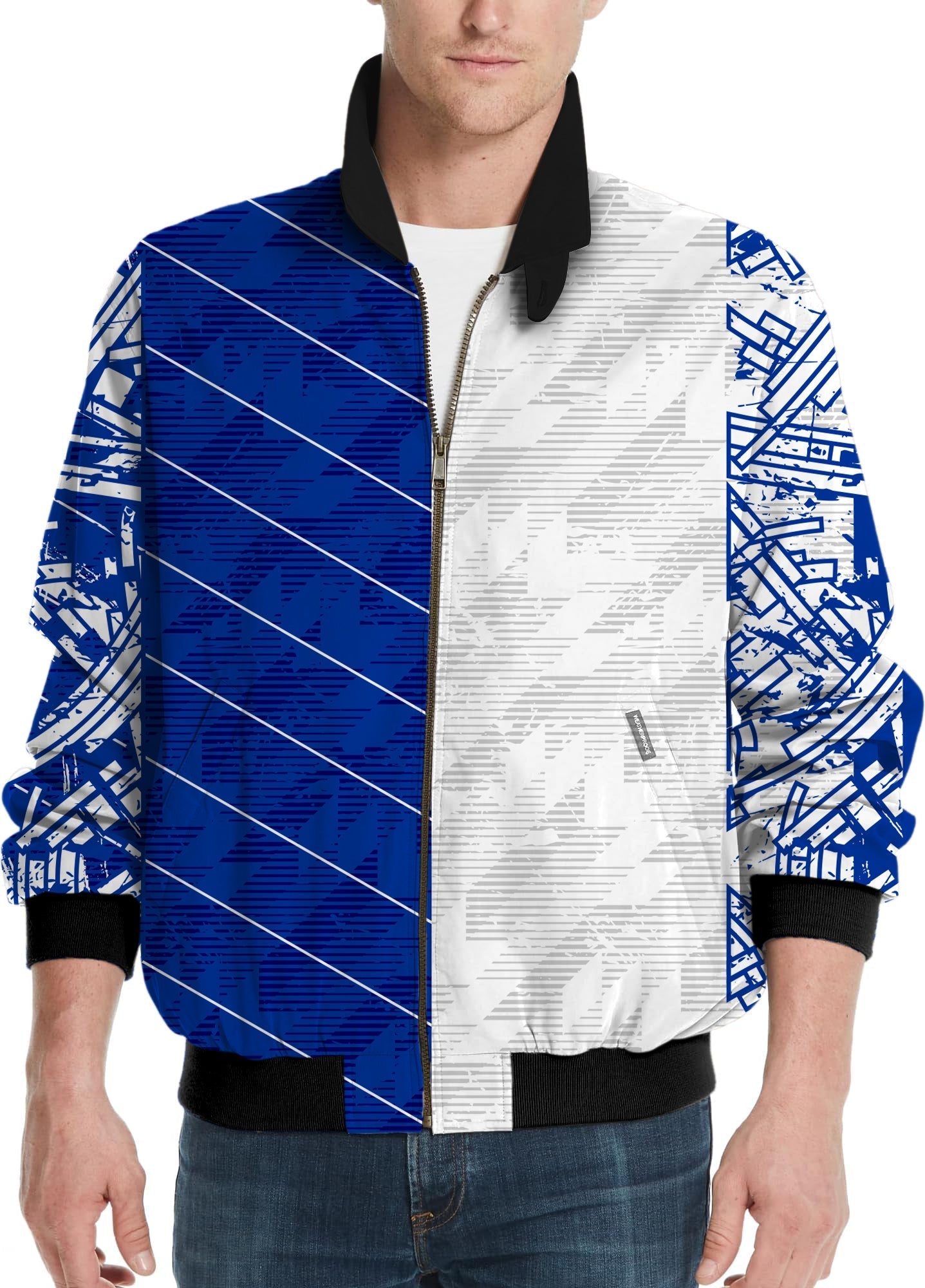 Men's custom golf windbreaker jacket with blue stitching and team logo options