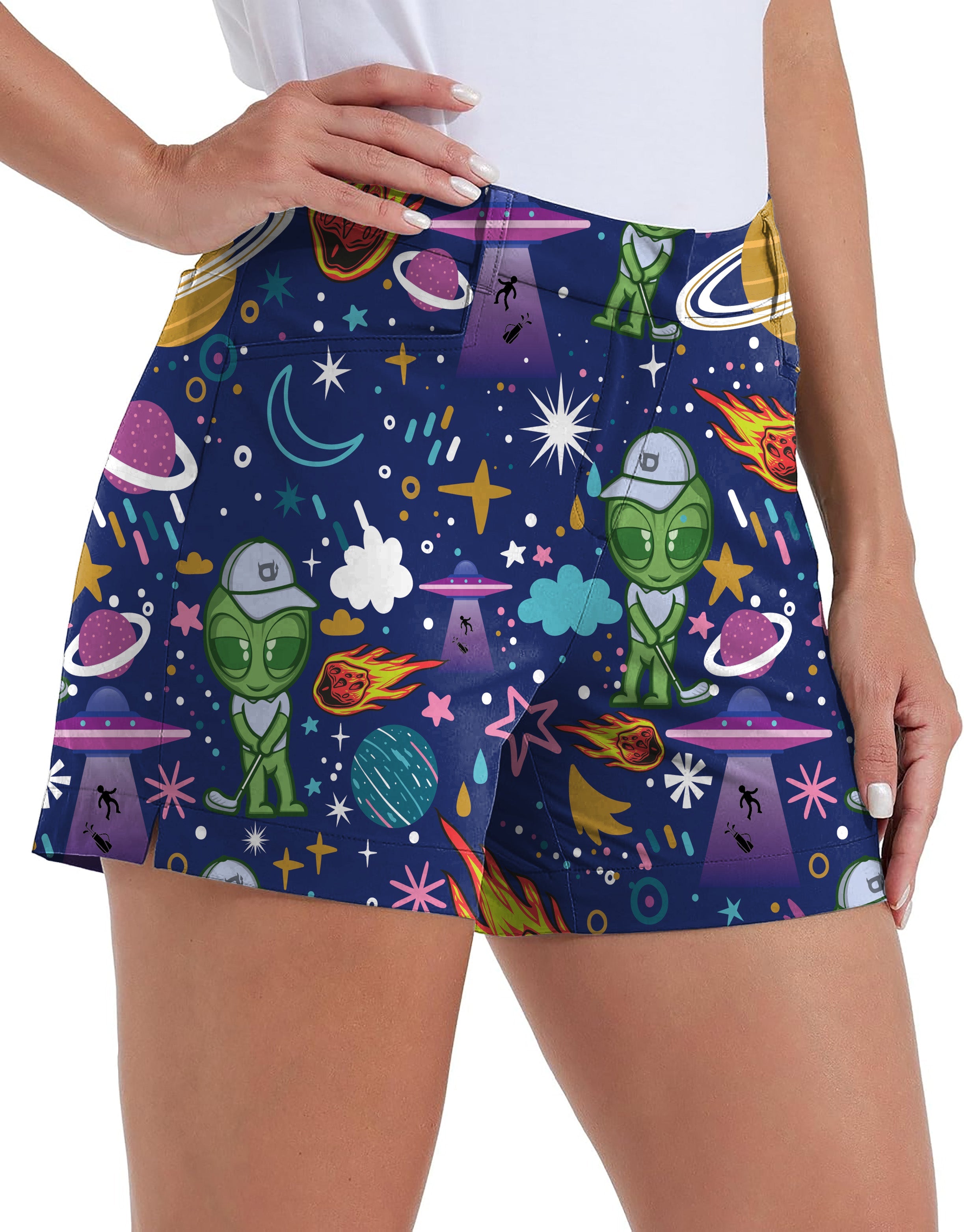Alien Army Own Logo women's quick-drying golf shorts with pockets and space-themed print