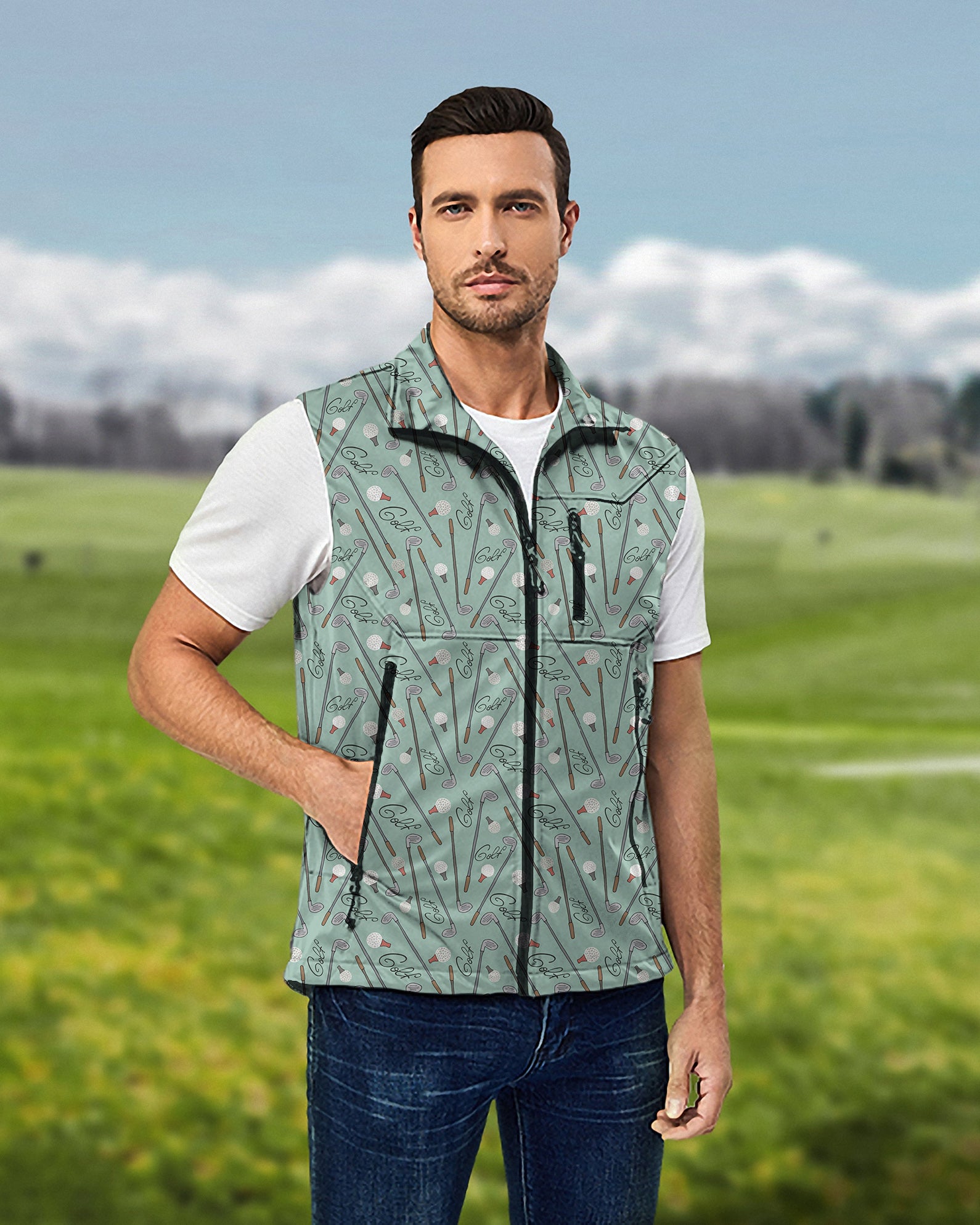 Men's Clubs and Balls Lightweight Softshell Vest Sleeveless Jacket for Golf Windproof Waterproof