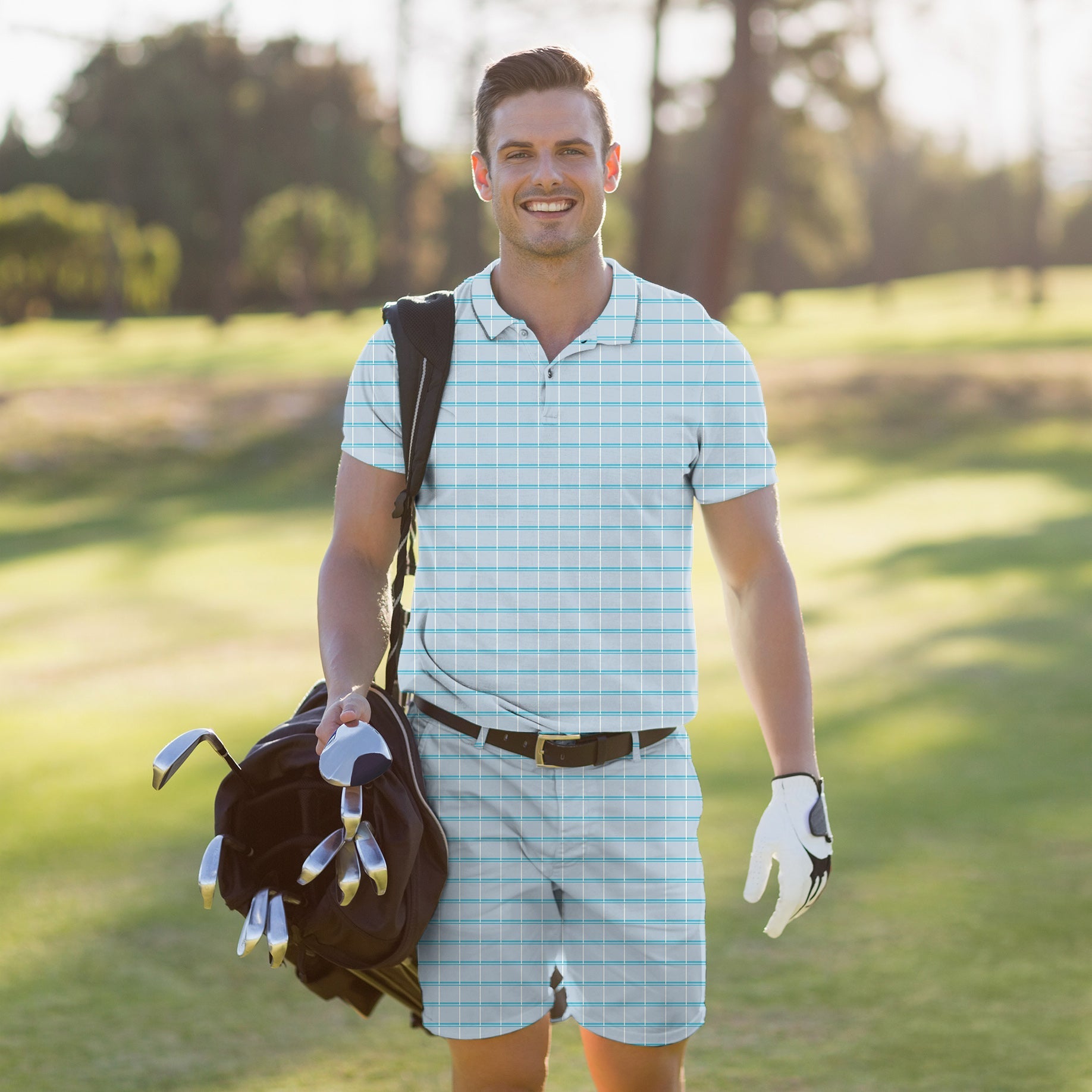 Men's Golf Set sky blue checkered polo and shorts with four-way stretch and UPF 40+ protection