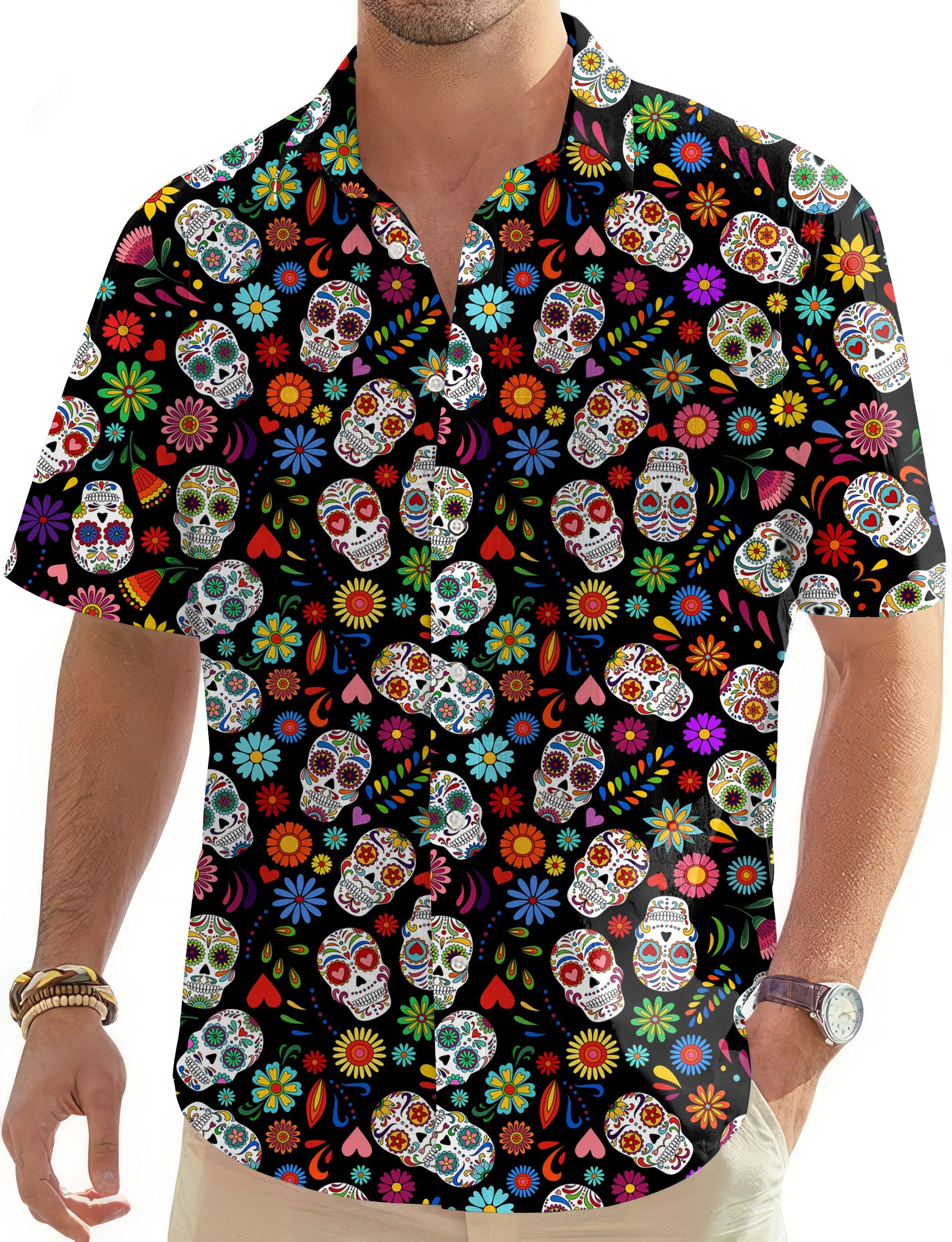 Men's FIESTA FEELING golf shirt with colorful skull and floral Hawaiian print, short sleeve button-down design