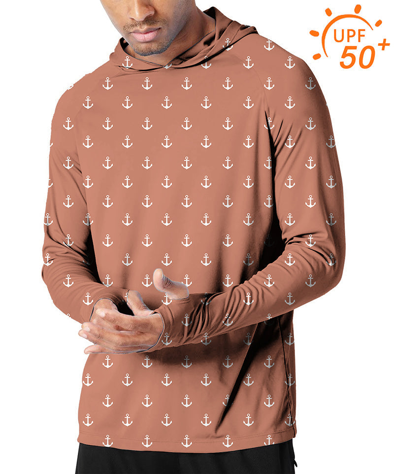 Men's outdoor dark orange anchor print golf sun protection slim fit hoodie with UPF 50+ UV protection