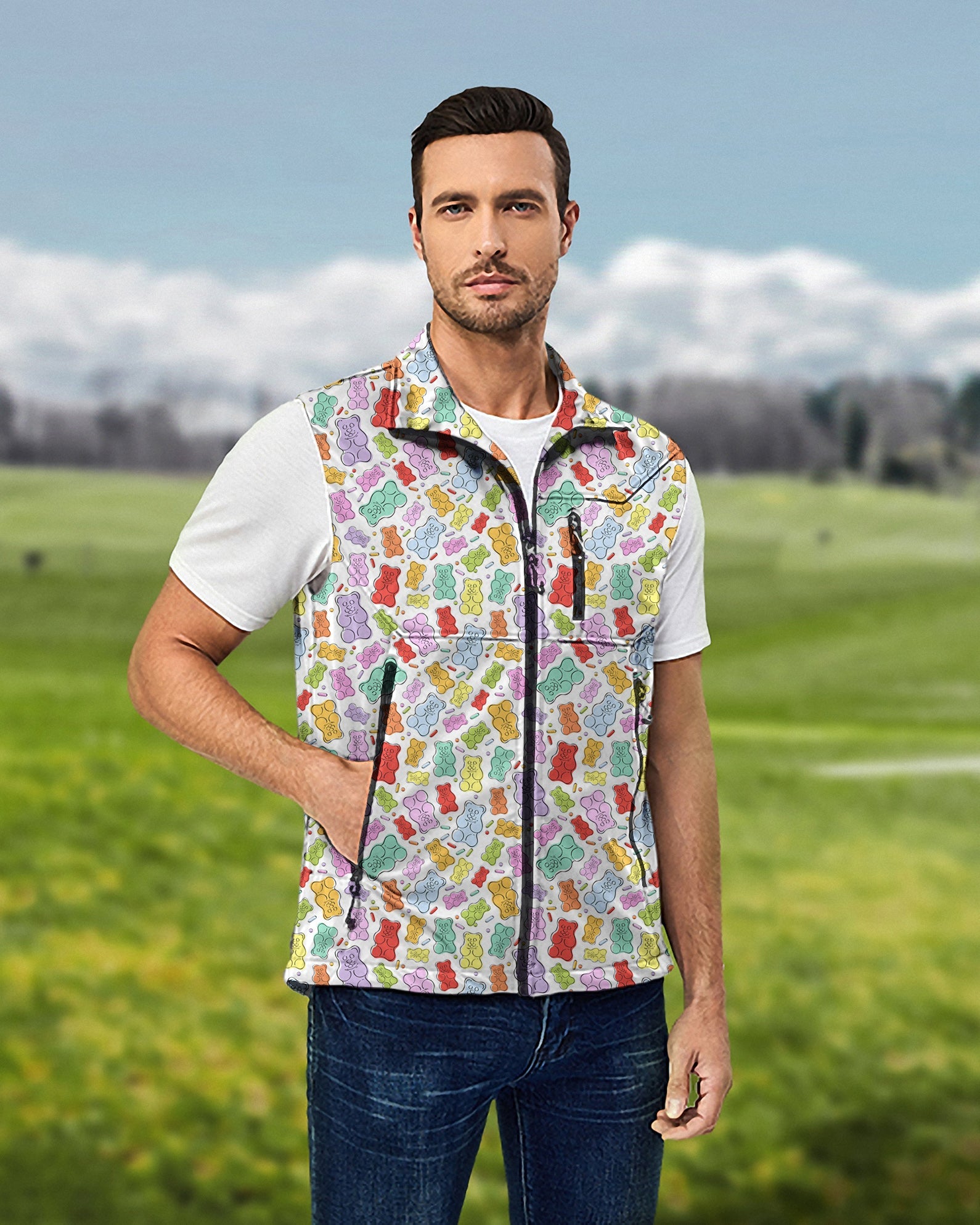 Men wearing gummy bears lightweight softshell vest sleeveless jacket for golf outdoors
