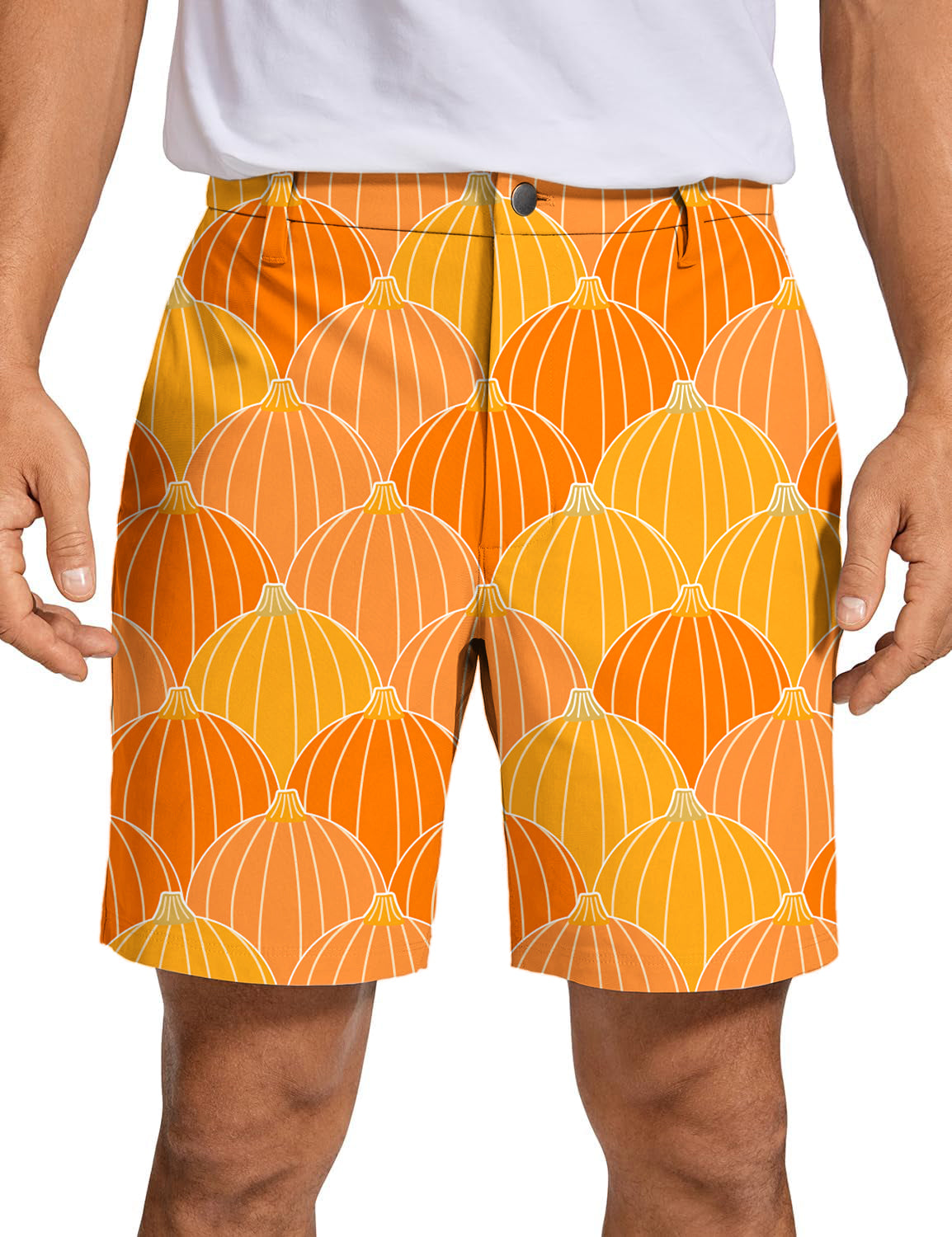 Men's Halloween Thanksgiving golf shorts with pumpkin pattern, quick dry and lightweight performance fabric