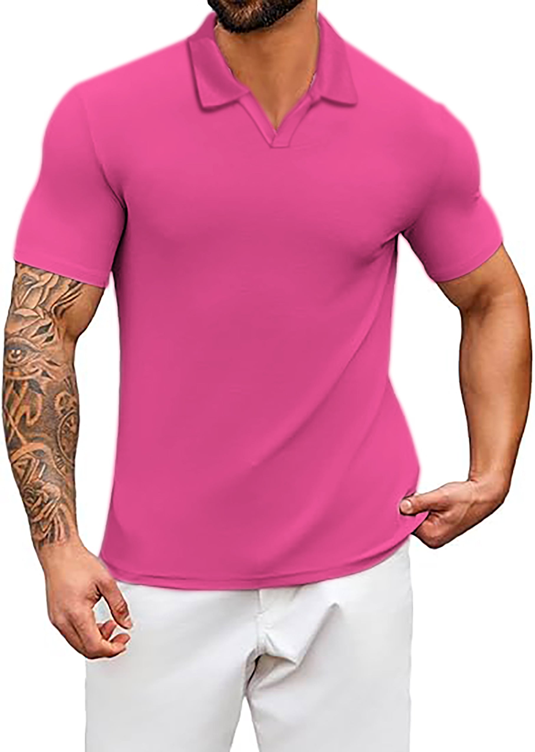Men's pure fuchsia V Neck Golf Polo Shirts