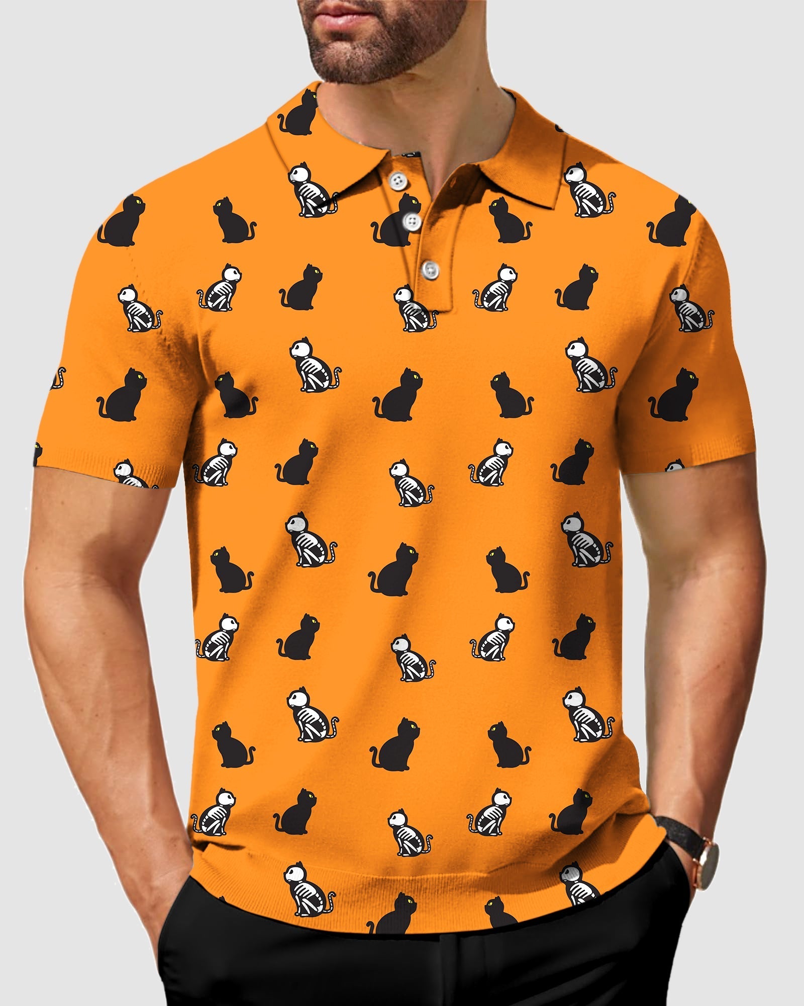 Men's Halloween Skull cat pattern orange polo shirt with four-way stretch and UPF 40+ protection