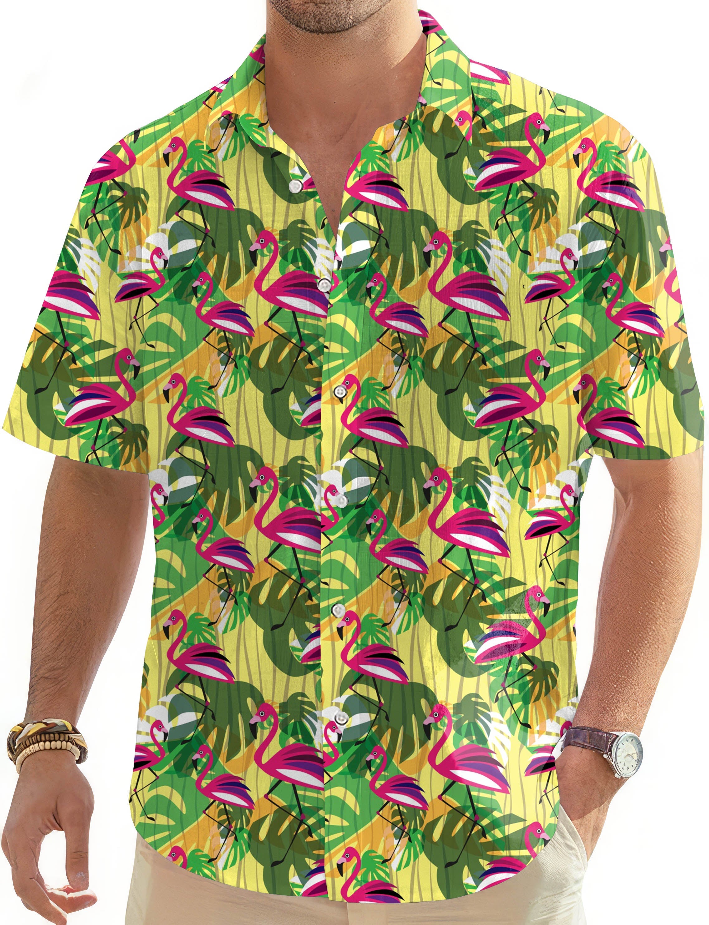 Men's pink flamingo Hawaiian golf shirt with button-down front and tropical print