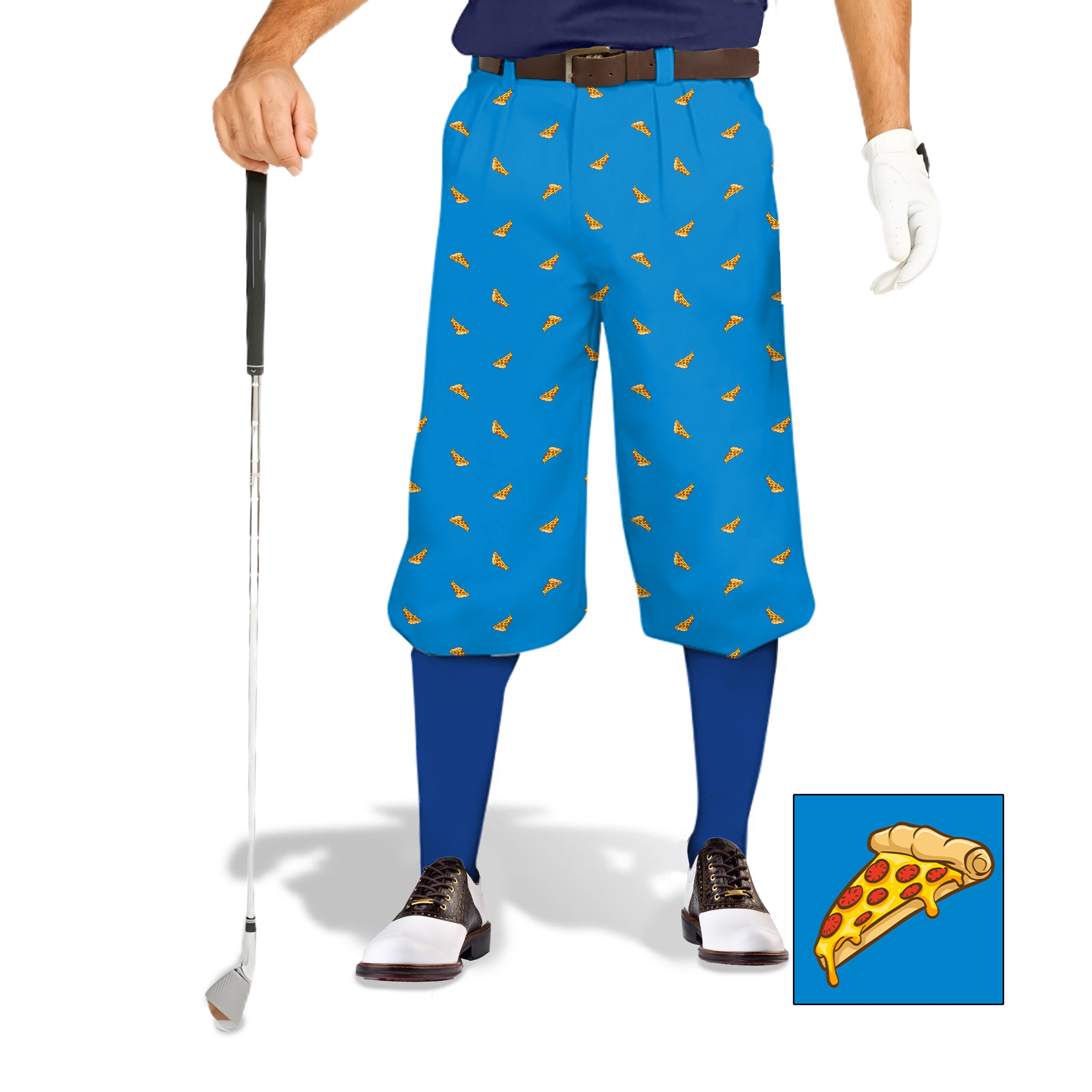 Men's blue golf knickers with white pizza custom print, ankle cuffs, and breathable performance fabric