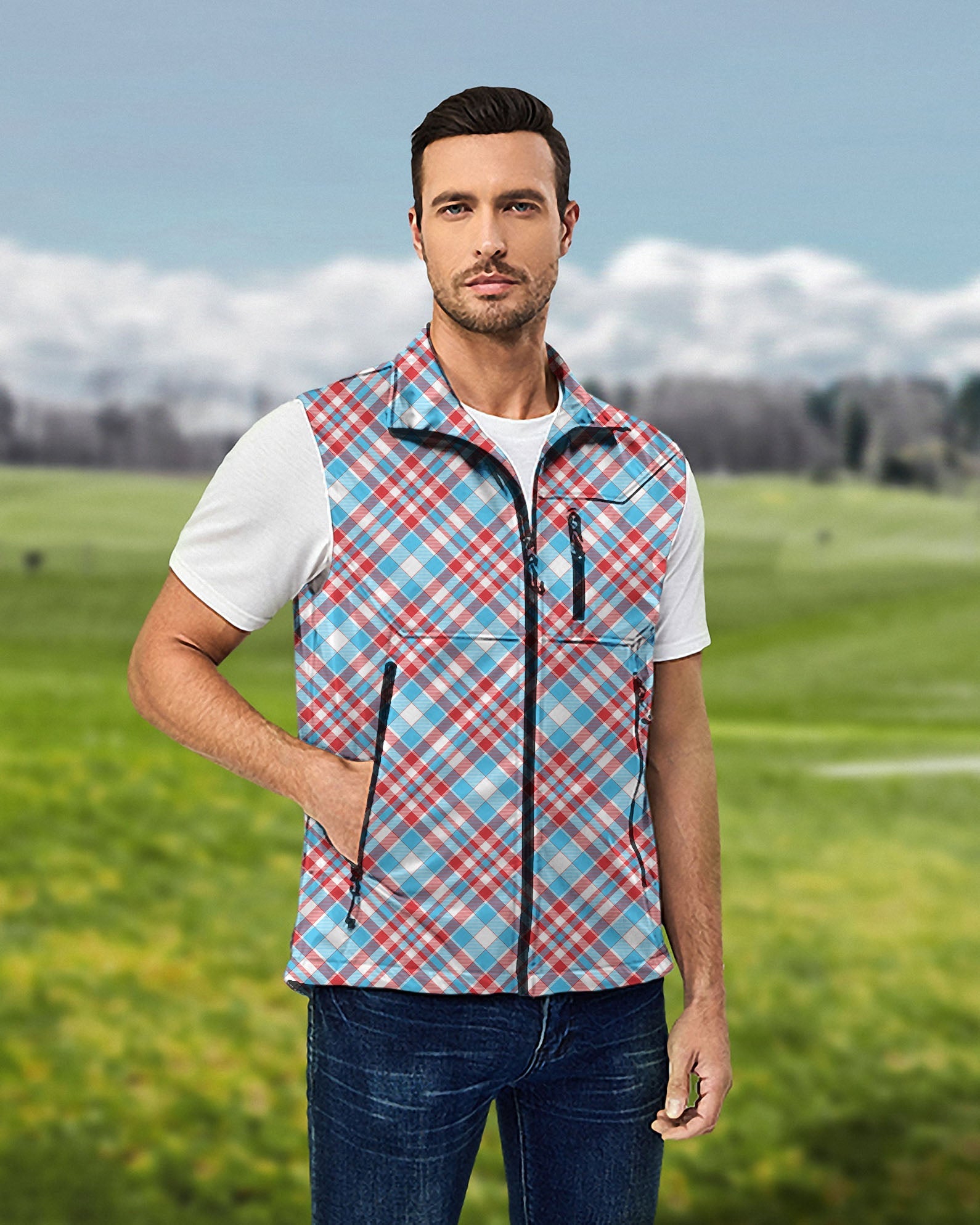 Men's Argyle red blue lightweight softshell sleeveless vest for golf, windproof and waterproof jacket