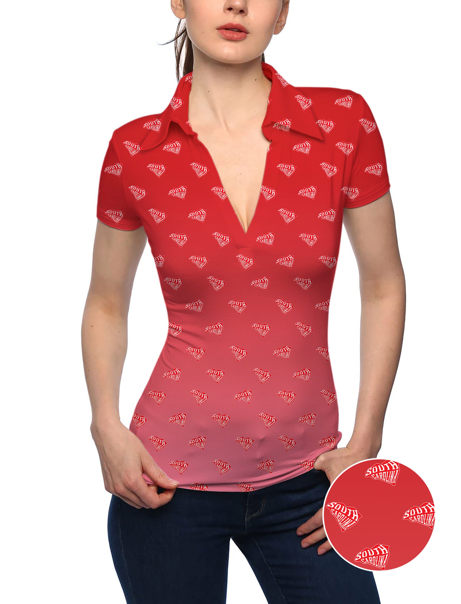Women's Red South Carolina V Neck Golf Polo