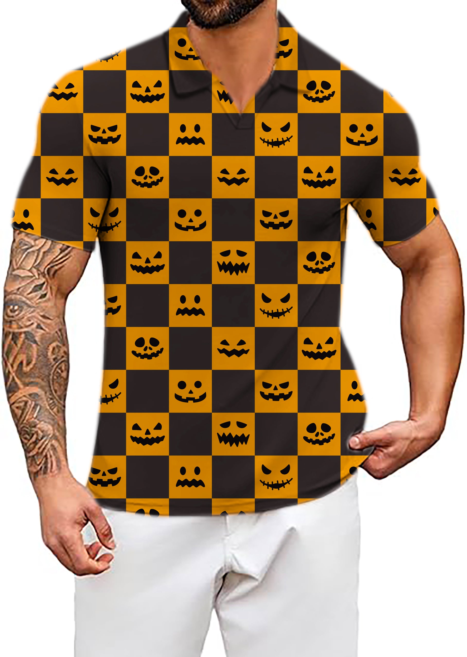 Men's Halloween black and yellow checkerboard pumpkin V Neck Golf Polo Shirts