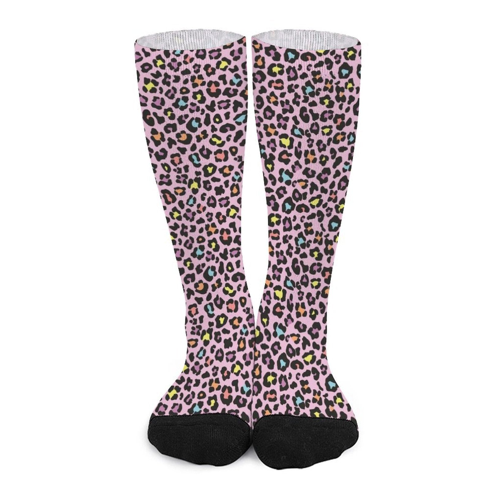 Pink leopard print crew socks with cushioned sole, stylish and durable, perfect gift for men and women