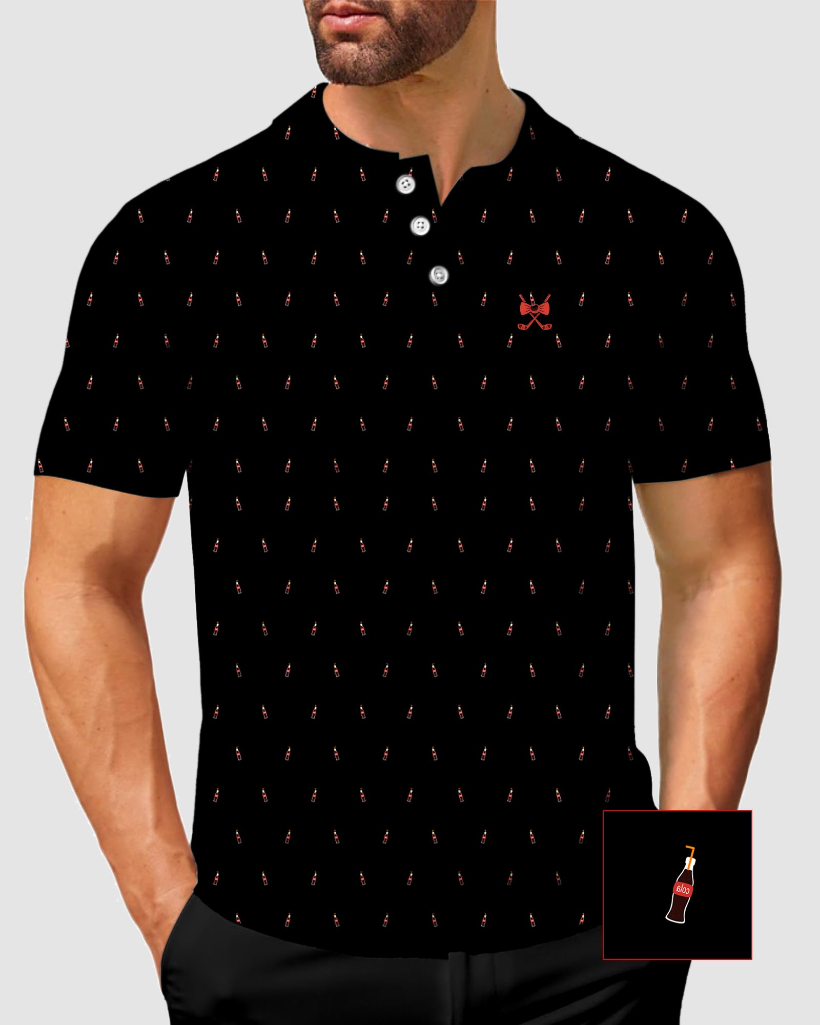 Men's Black Cola Glass Bottle Golf Polo