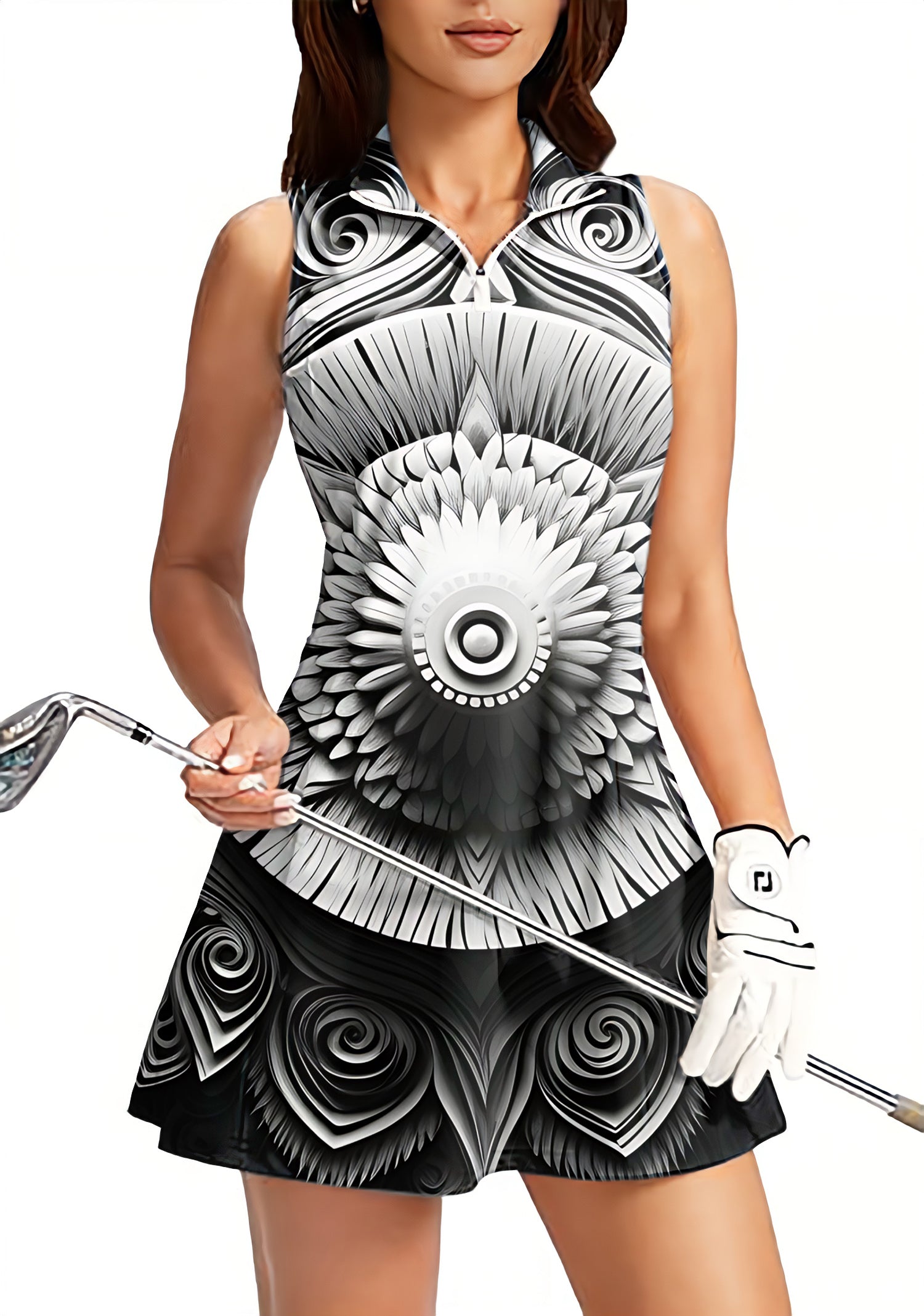 Artistry Motion Women's sleeveless golf dress with built-in shorts and black white floral design