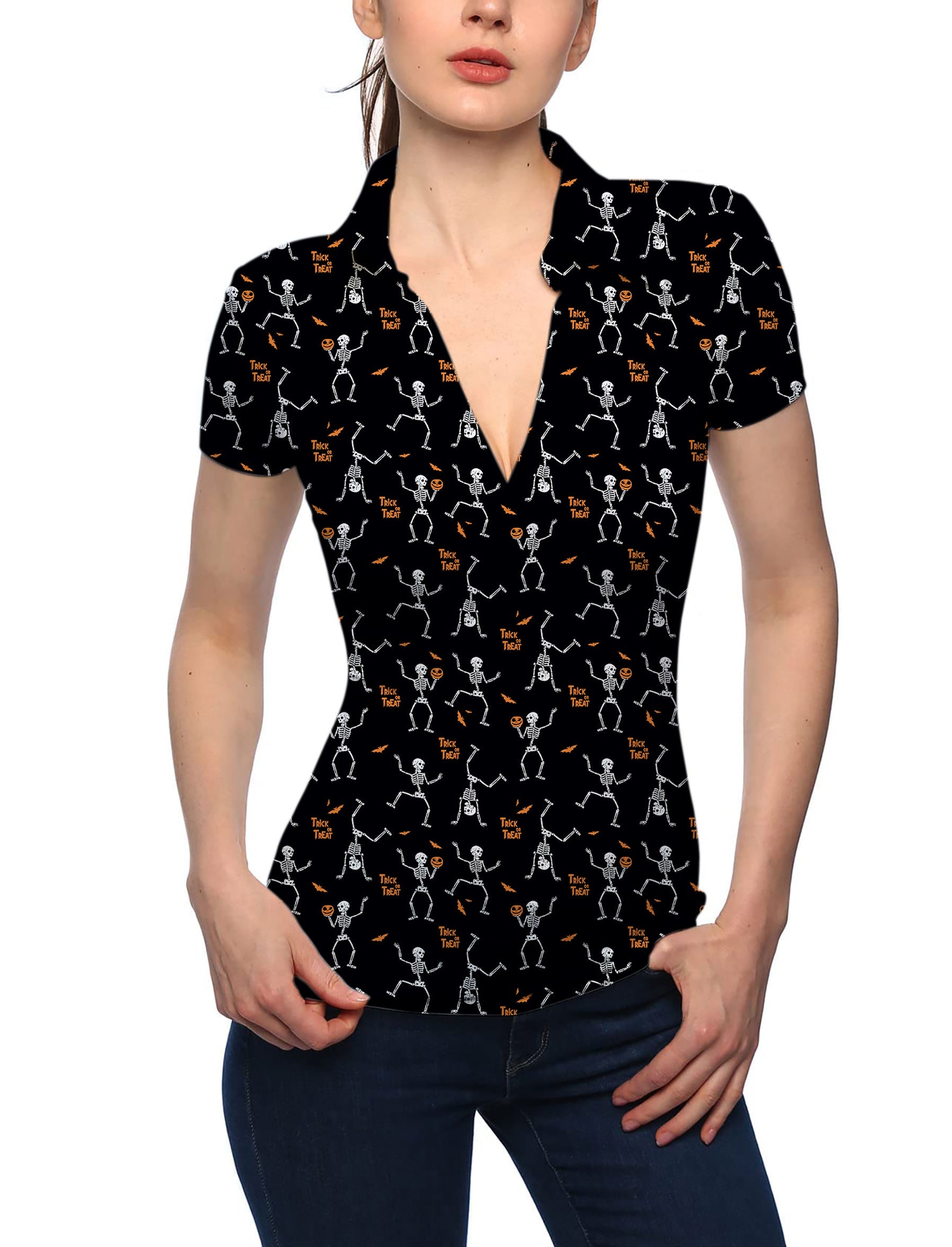 Women's Halloween dancing skeletons black V-neck golf polo shirt with short sleeves and stand collar