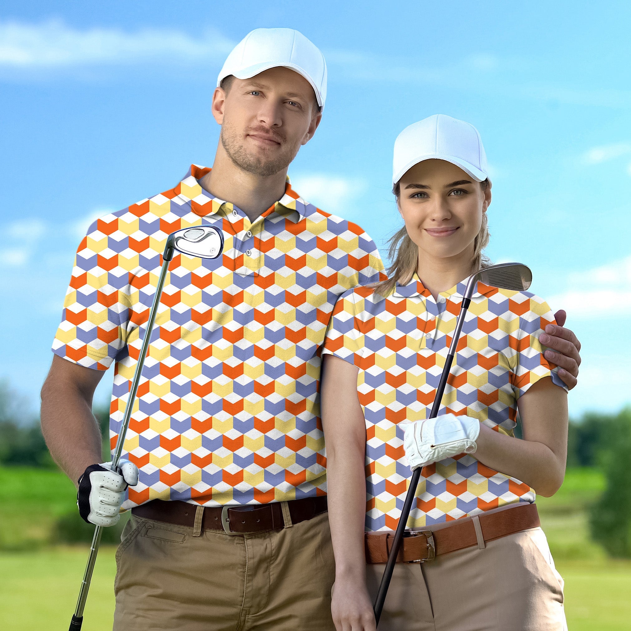Couple wearing colorful 3d square patterned golf shirts with white caps on golf course