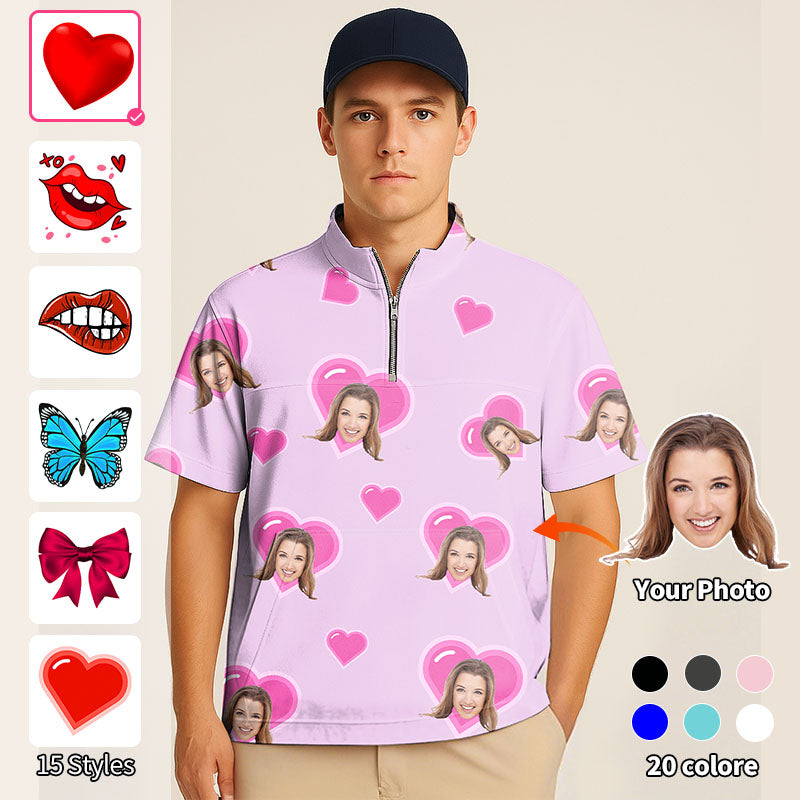 Valentine's Day Half Zipper Turtleneck Golf Short Shirt Custom Photo Face Custom Color Purple Love Embroidery