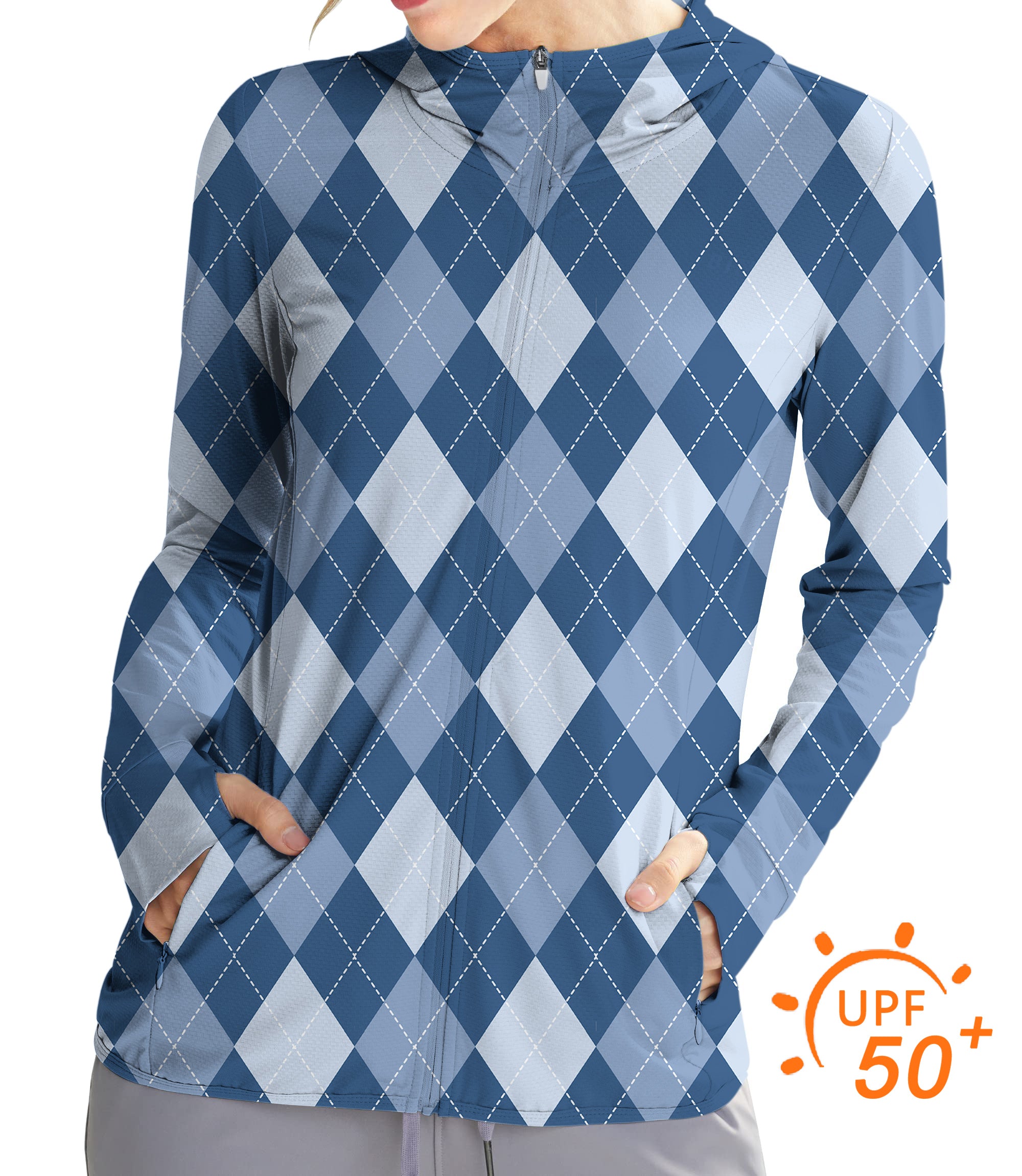 Women's Outdoor blue Argyle Golf Sun Protection Slim Fit zip hoodies