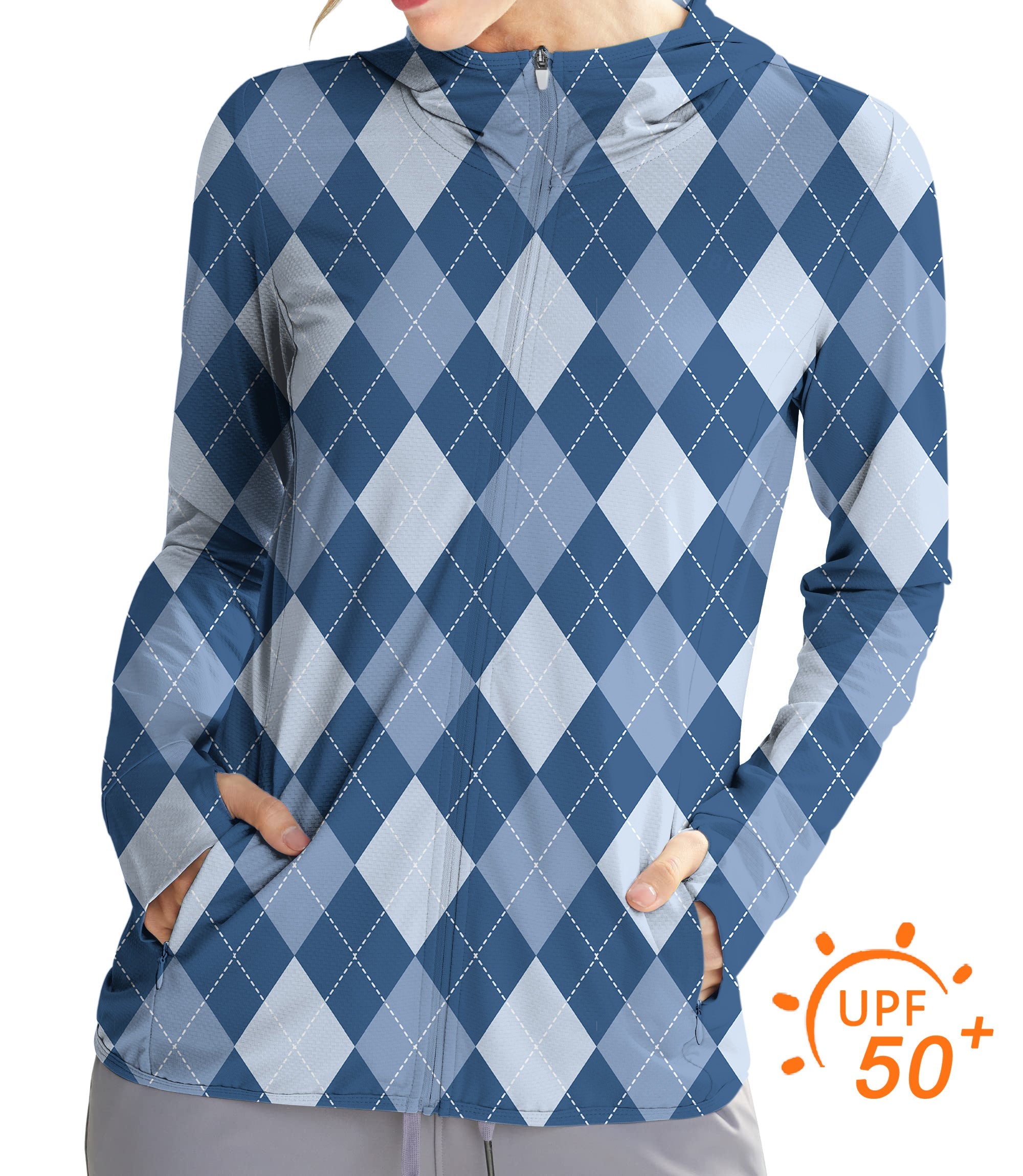 Women's outdoor blue argyle slim fit zip hoodie with UPF 50+ sun protection and thumb holes