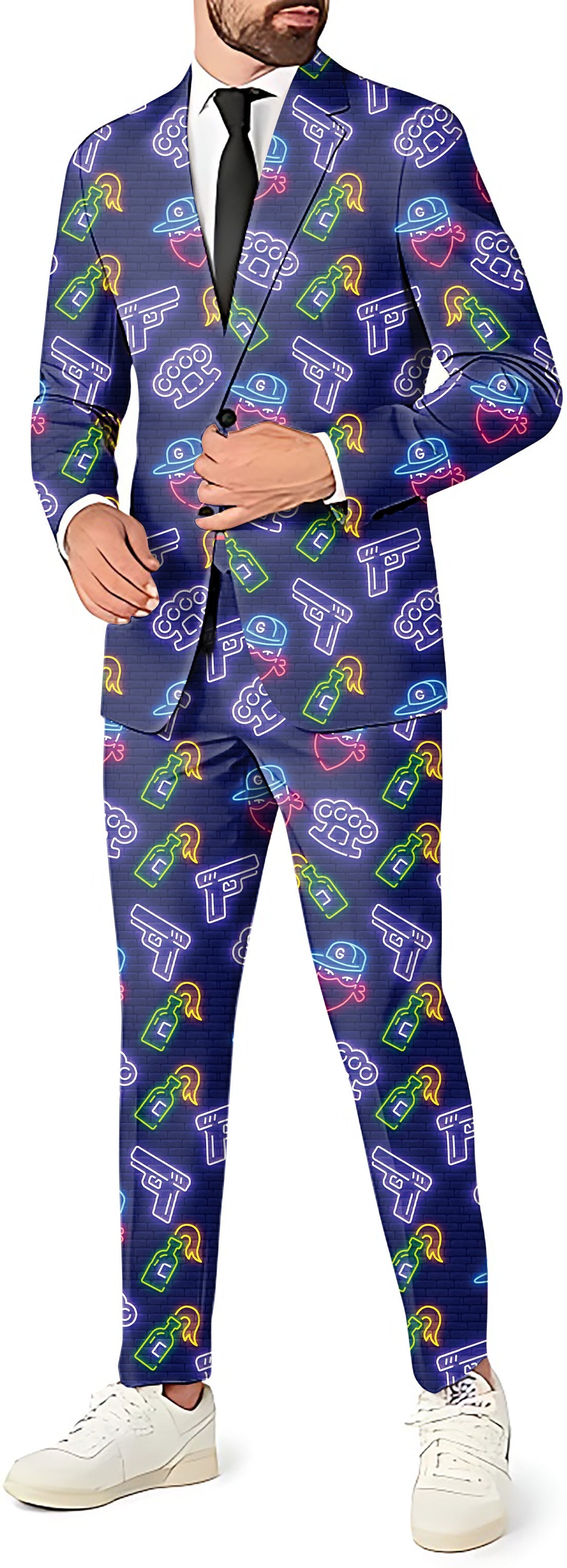 Sharp shooter men's party costume suit set with blazer, pants, and vest featuring colorful neon gun patterns