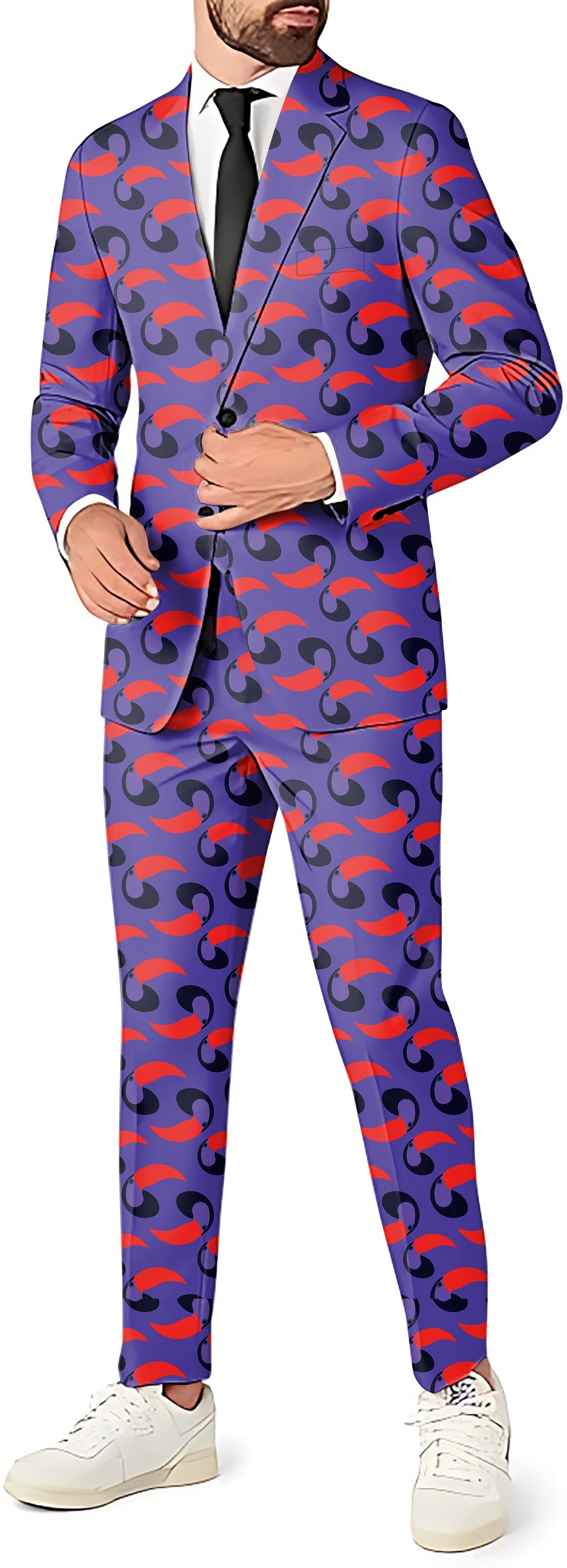 Men's party costume purple toucan themed blazer and pants suit set