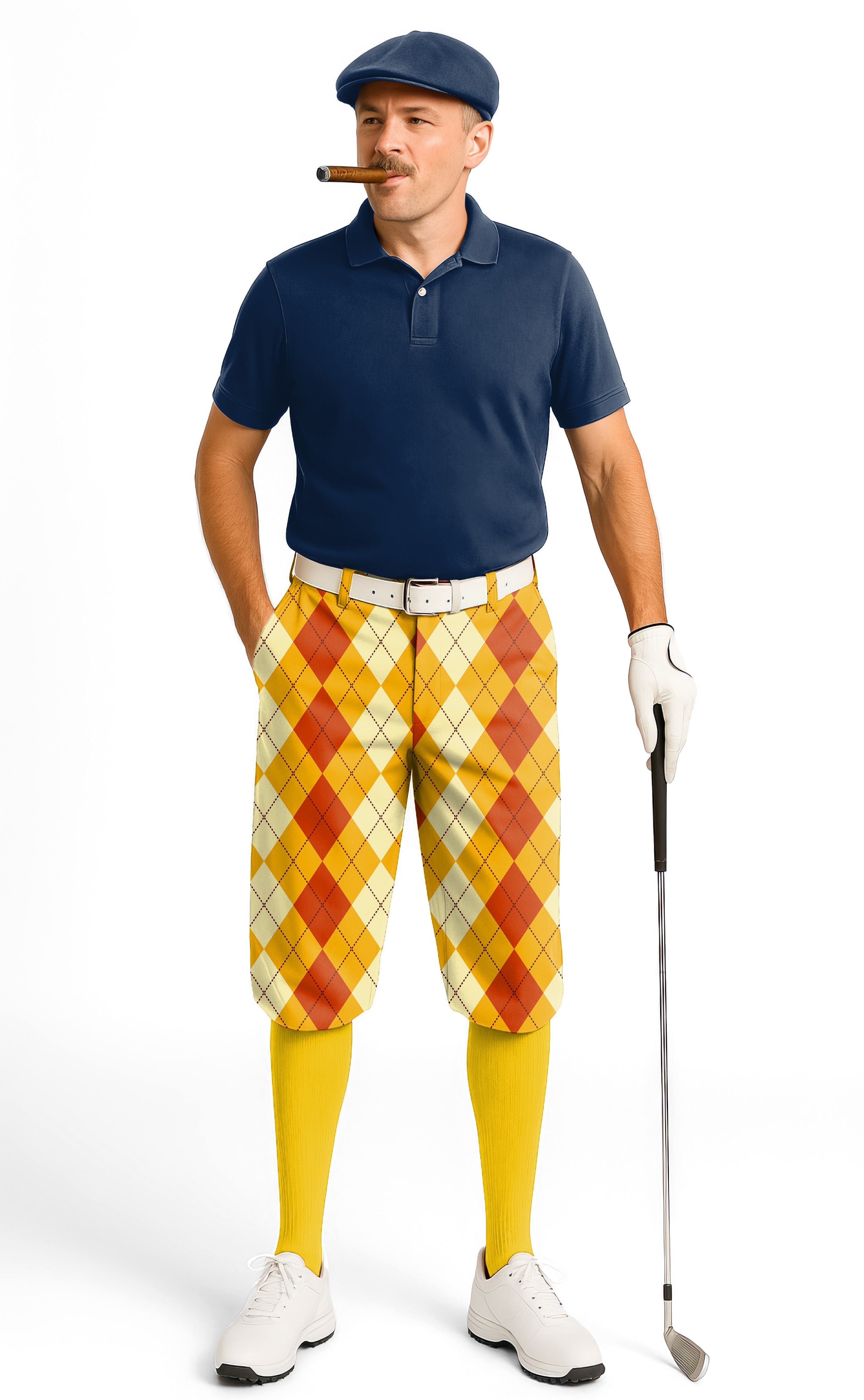 Man wearing Halloween light yellow red argyle men's golf knickers with navy polo and yellow socks holding golf club
