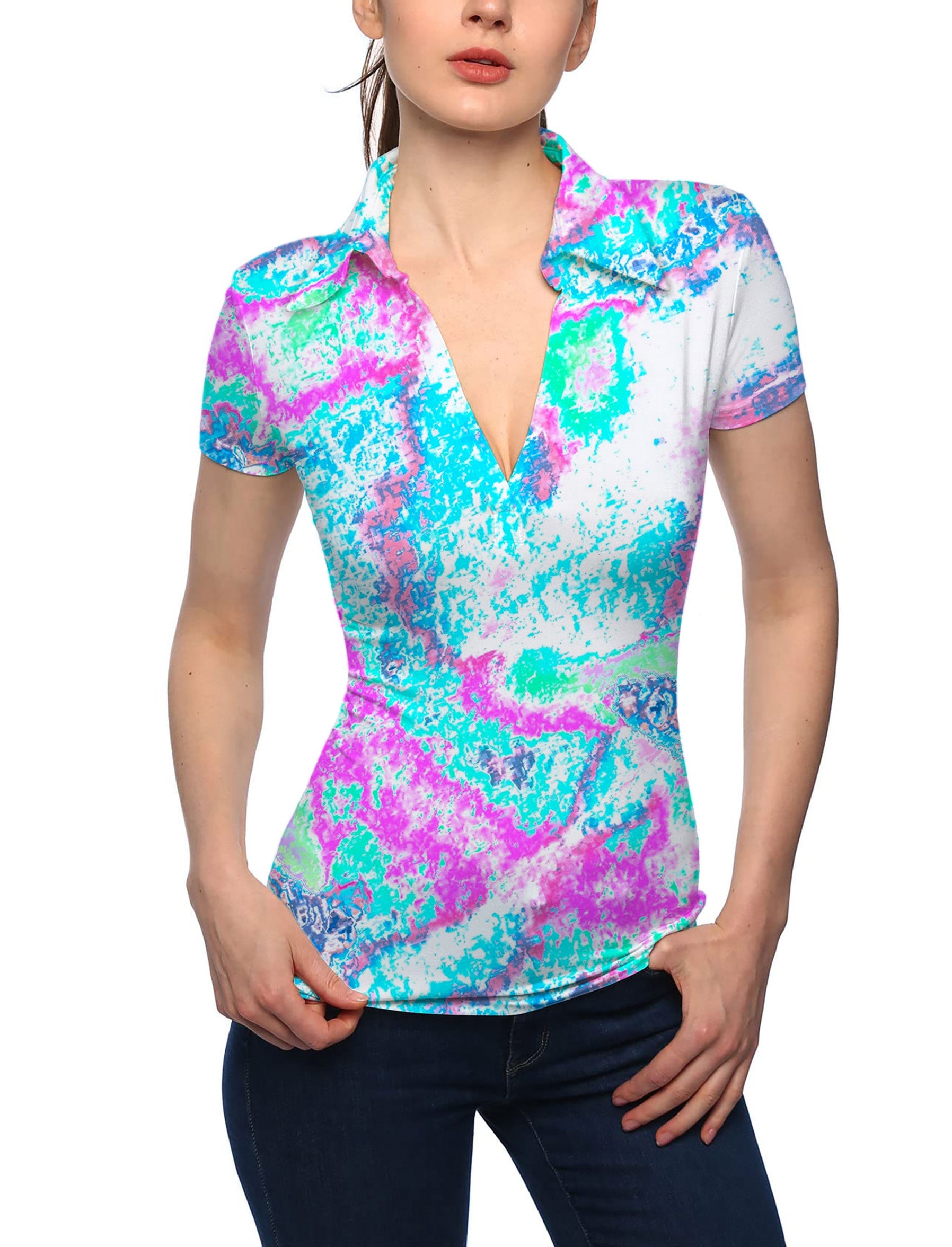 Women's vintage fractal V Neck Golf Polo