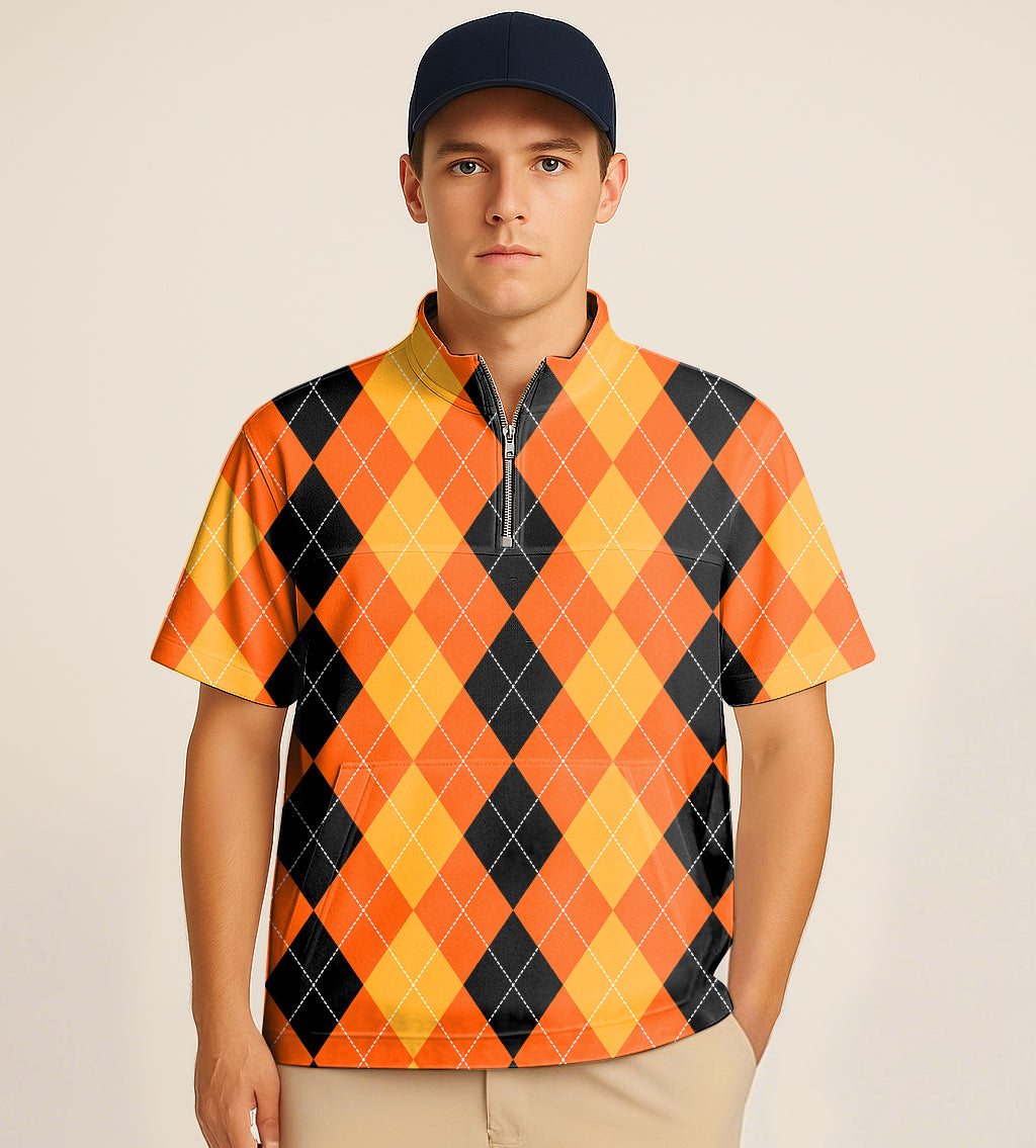 Half zipper turtleneck golf short shirt with Halloween black, yellow, and orange argyle embroidery