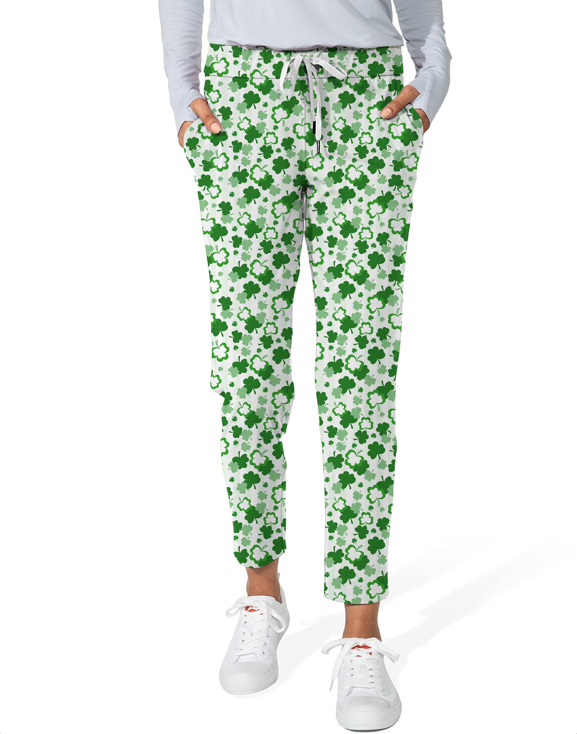 Women's 7/8 stretch ankle golf pants with green leaf clover St. Patrick's Day pattern