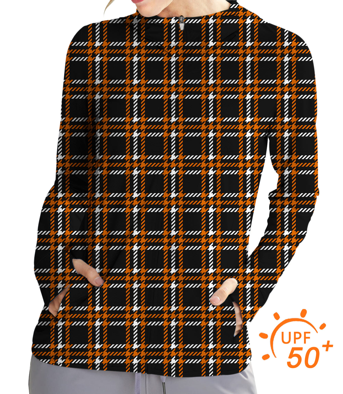 Women's Outdoor Halloween black yellow white grid Golf Sun Protection Slim Fit zip hoodies