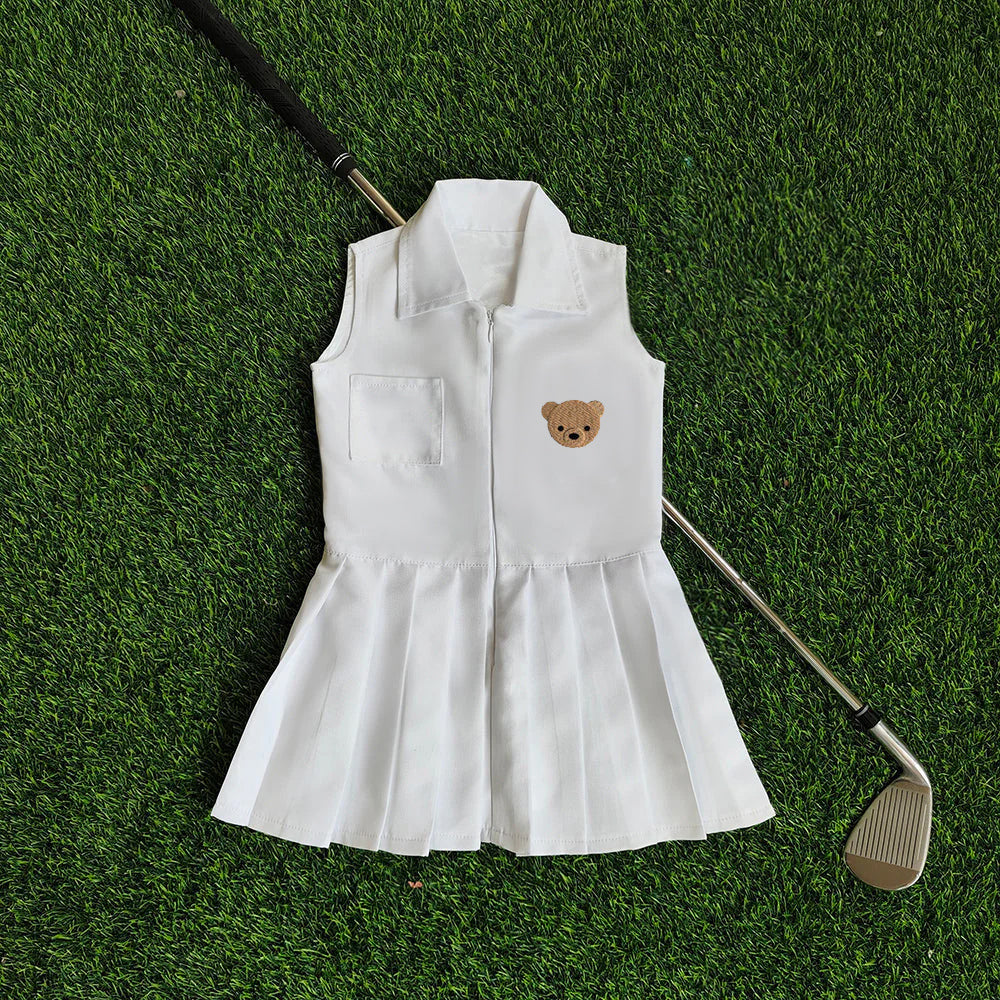 Personalized Golf Toddler Caddy Dress Infant Golf White Outfit Baby Golf 1st Birthday Dress Machine Embroidered Golf Dress Children's Jumpsuit With Hat