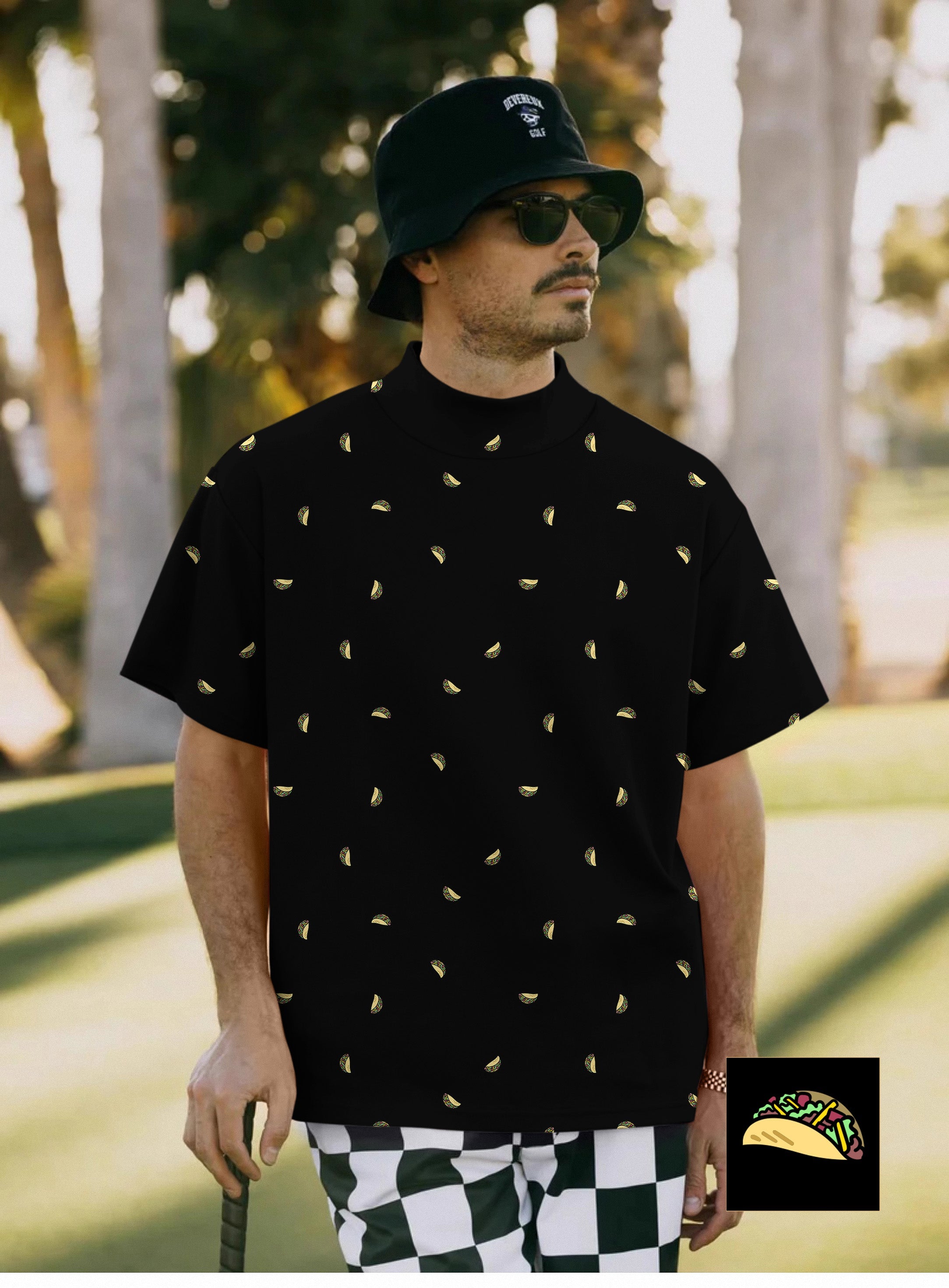 Men's Taco Custom black pullover t-shirt with taco print and short sleeves worn outdoors