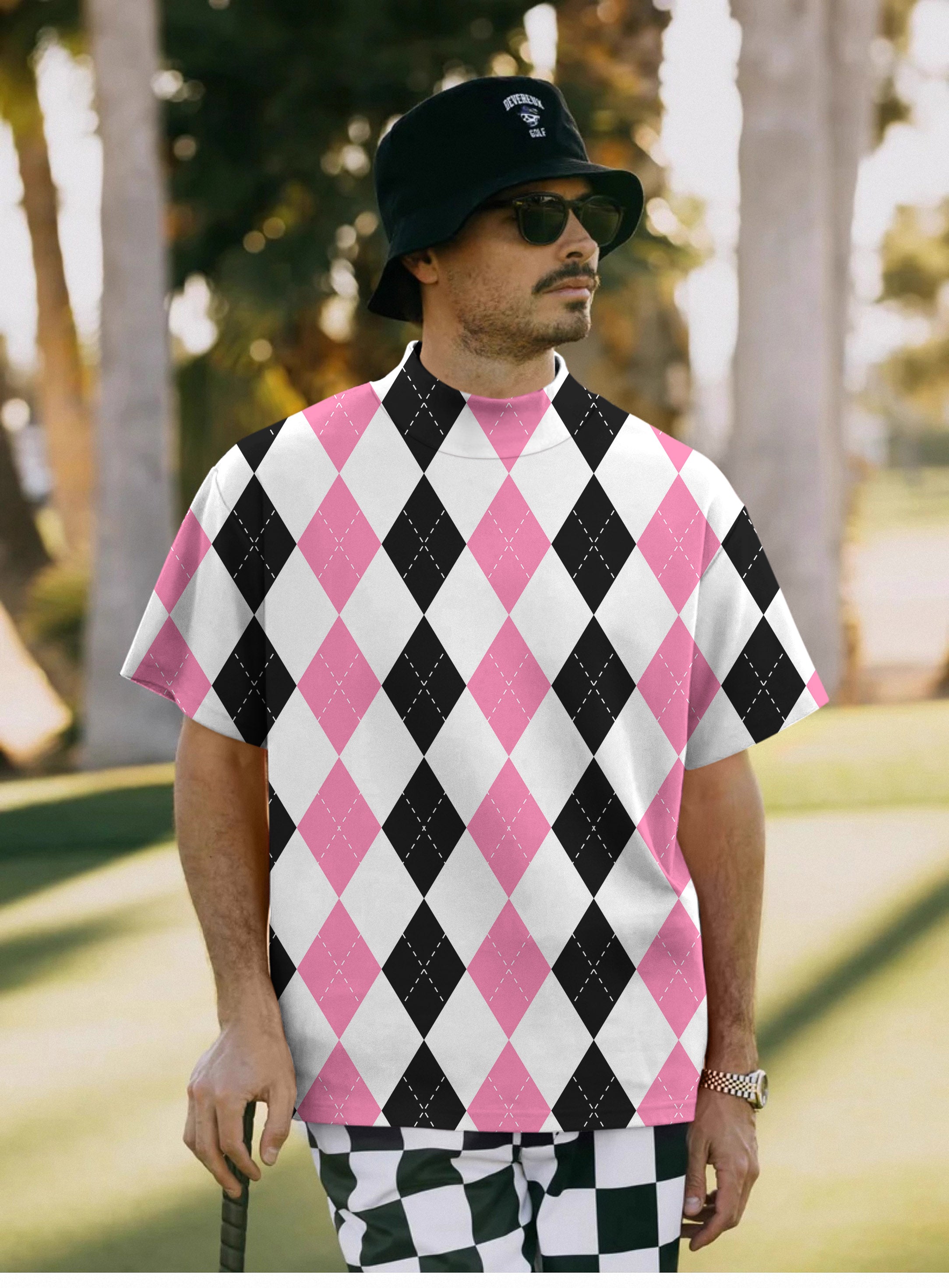 Men's pink black argyle Pullover High neck Long/Short sleeve T-Shirt