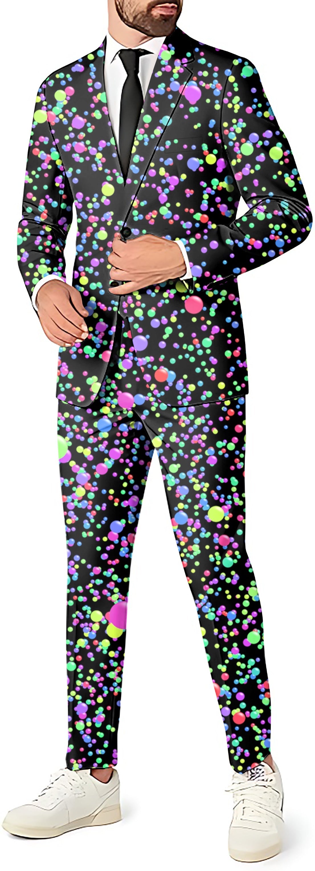 Galaxies men's party costume suit with blazer, pants, and vest featuring colorful nebula print for themed parties