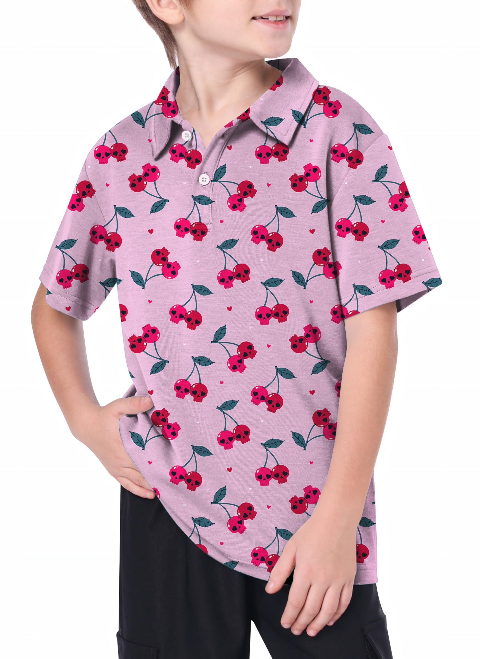 Youth Halloween Cherry Skull golf polo shirt with pink background and cherry skull pattern for kids