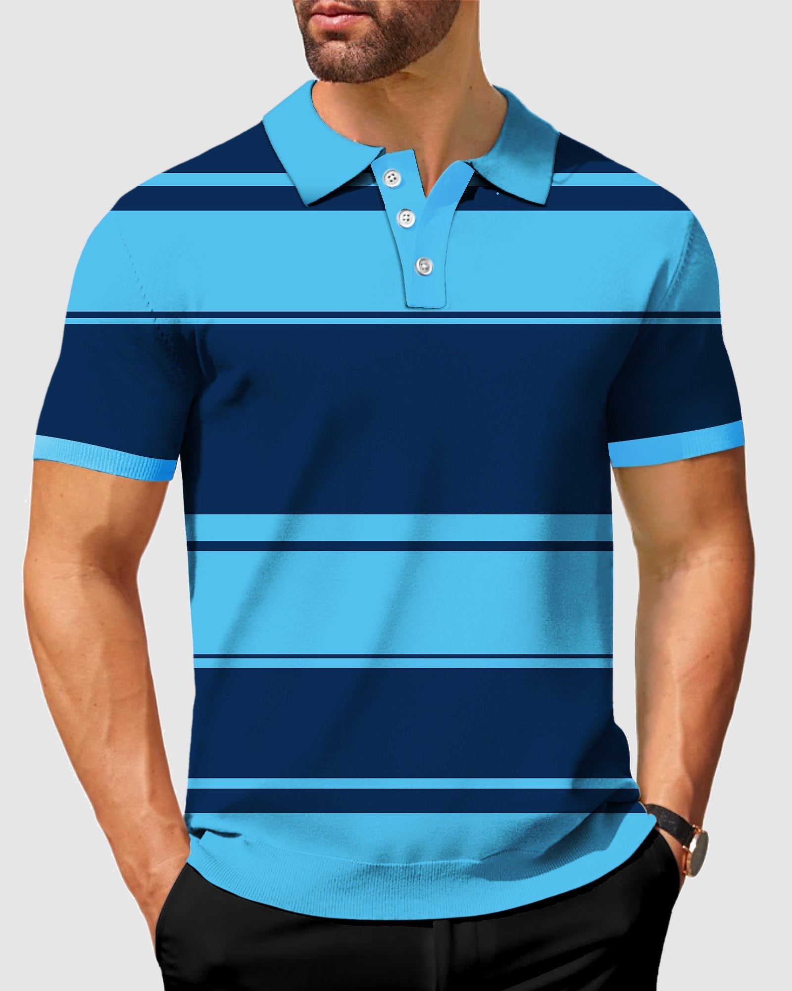 Men's thick horizontal stripes polo shirt with four-way stretch and wrinkle-resistant fabric
