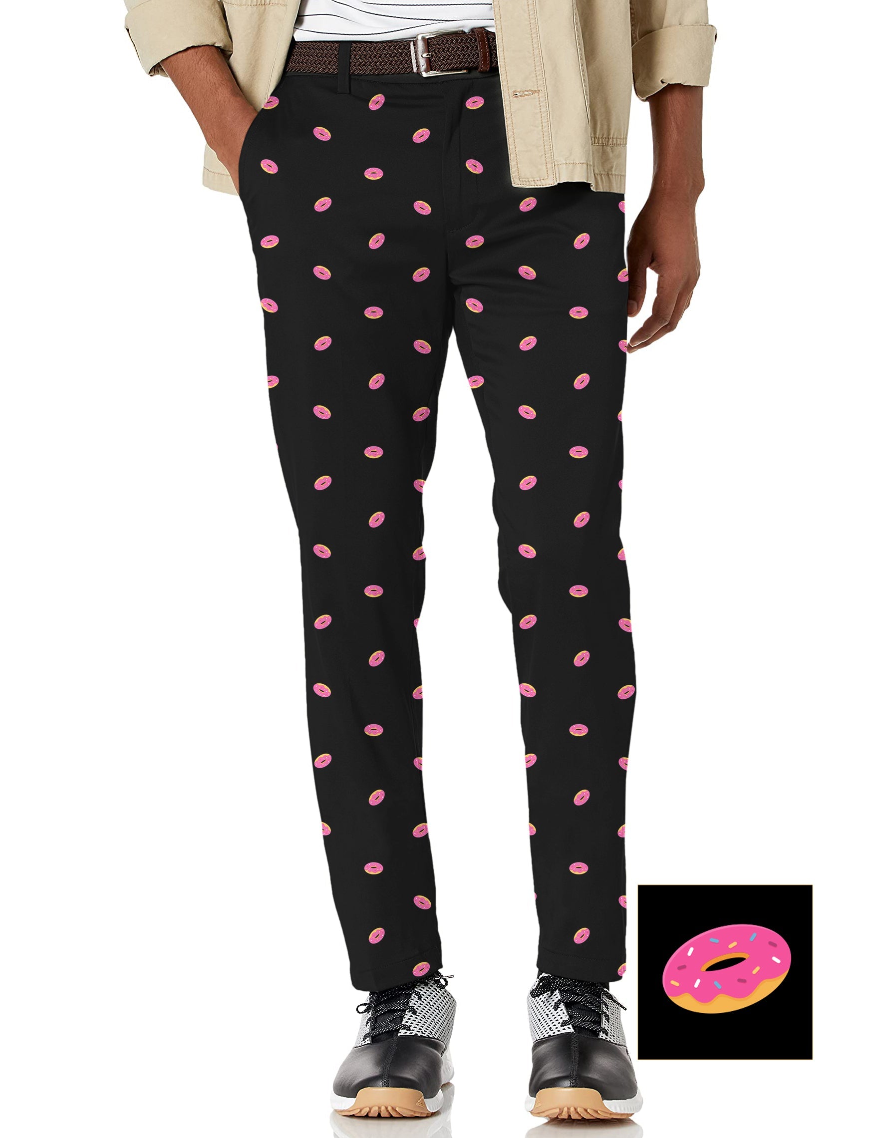 Men's Donut Custom stretch golf pants with pink donut pattern on black background and moisture-wicking fabric