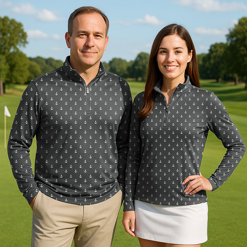 Black Anchor Couple golf 3/4 zip top long sleeves with anchor print, lightweight and UPF50+ sun protection.