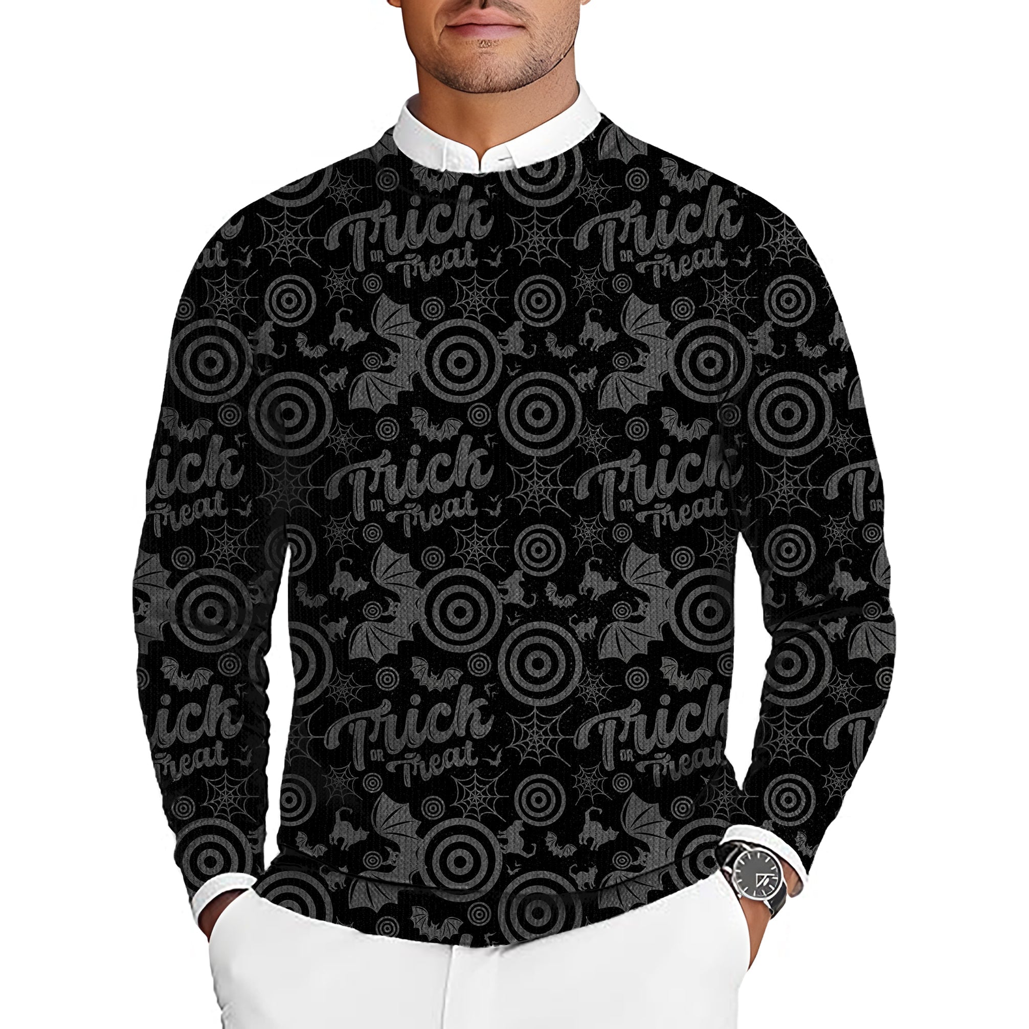 Men's Halloween Circle Bat golf crewneck pullover sweater with trick-or-treat design