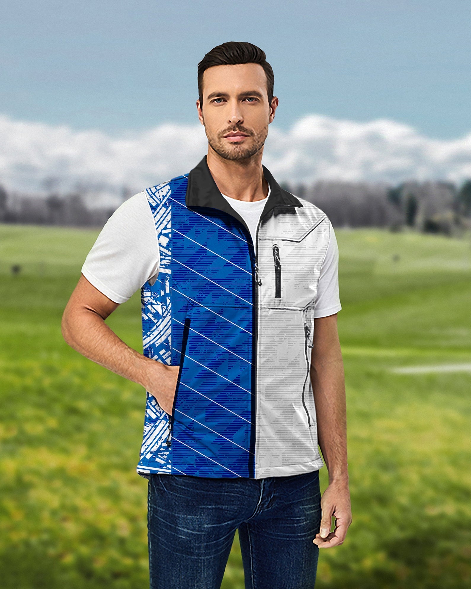 Men's blue stitching lightweight softshell vest sleeveless jacket for golf, windproof and waterproof sport team uniform