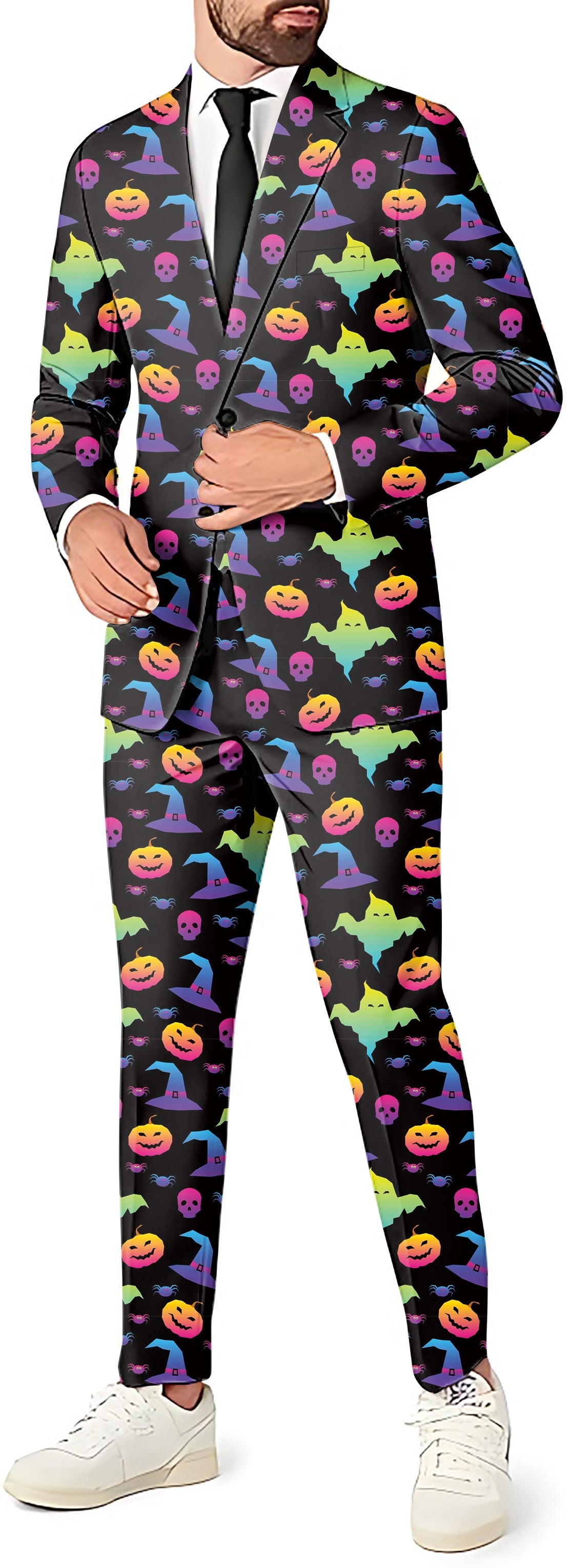 Neon Halloween men's suit with blazer, pants, and vest featuring colorful ghost and pumpkin patterns