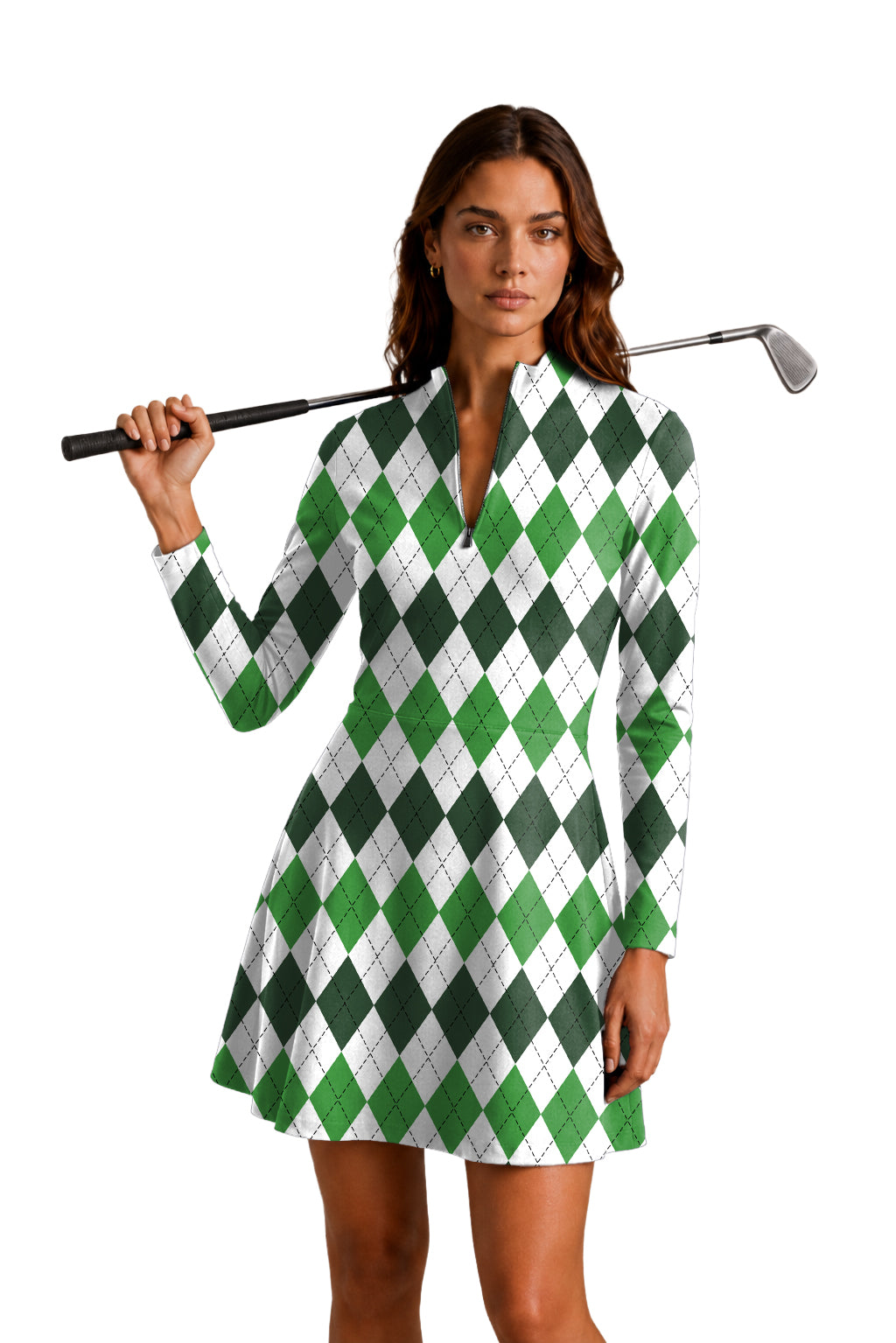 St. Patricks day Argyle plaid Women's Golf Long Sleeve Zipper Dresses Comes with separate matching shorts