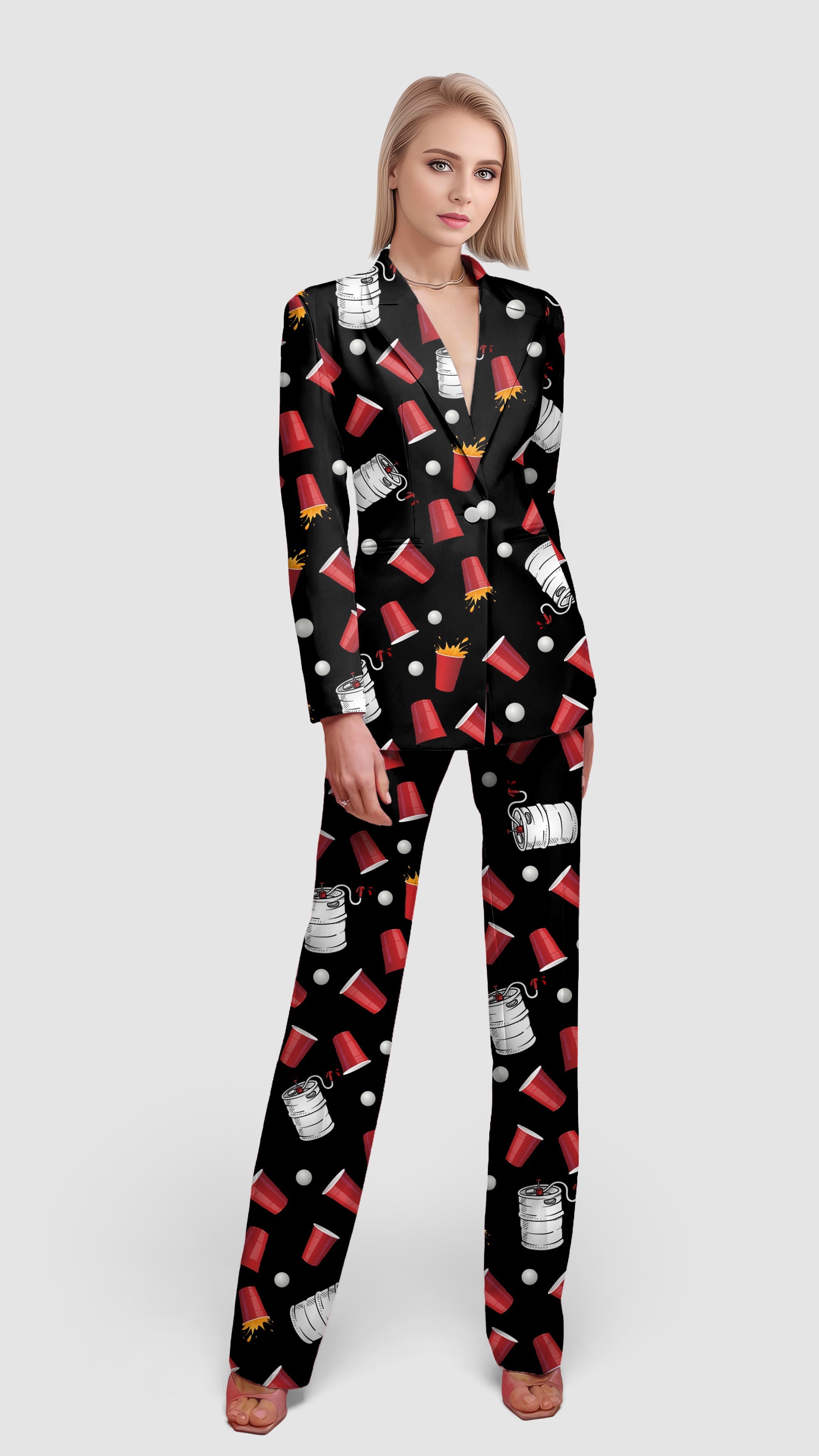 Women's blazer suit with black beer keg and red cup print, casual work office style with lapel collar and single button design