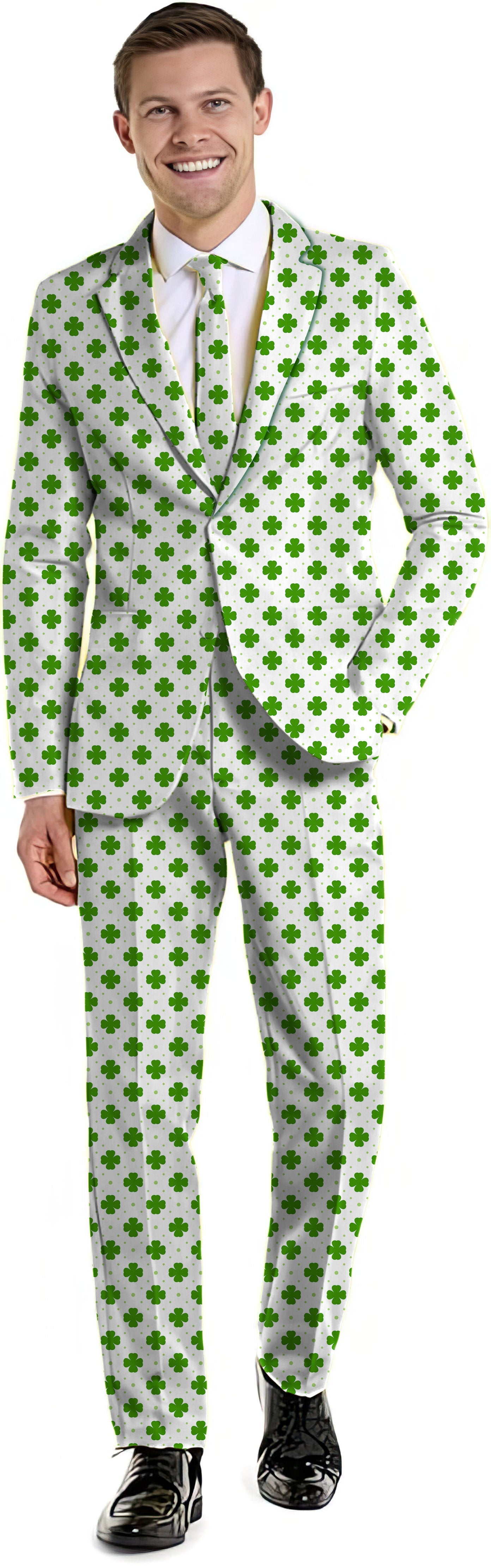 Men's St. Patrick's Day suit with green leaf clover pattern blazer and pants