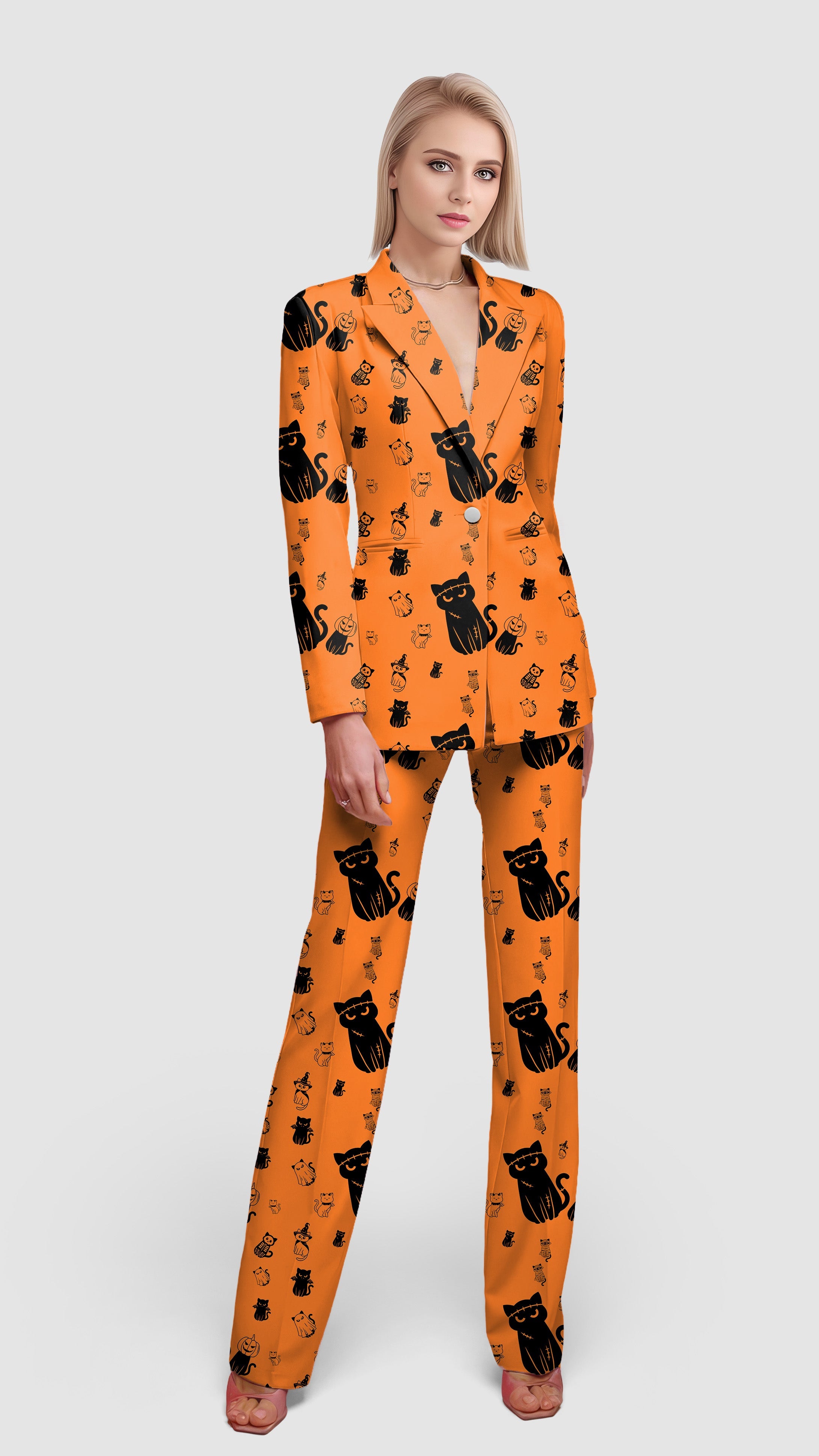 Women's Halloween Cute Cat orange blazer and pants suit set with black cat print