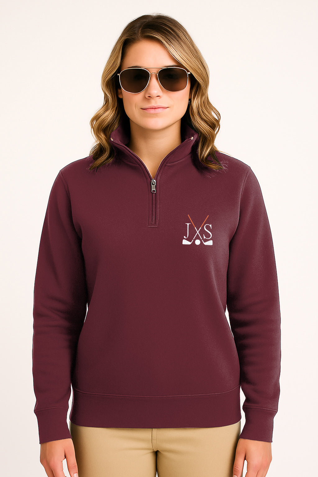 Plus size dark red high neck hoodie with golf club embroidery and initials solid color sweatshirt