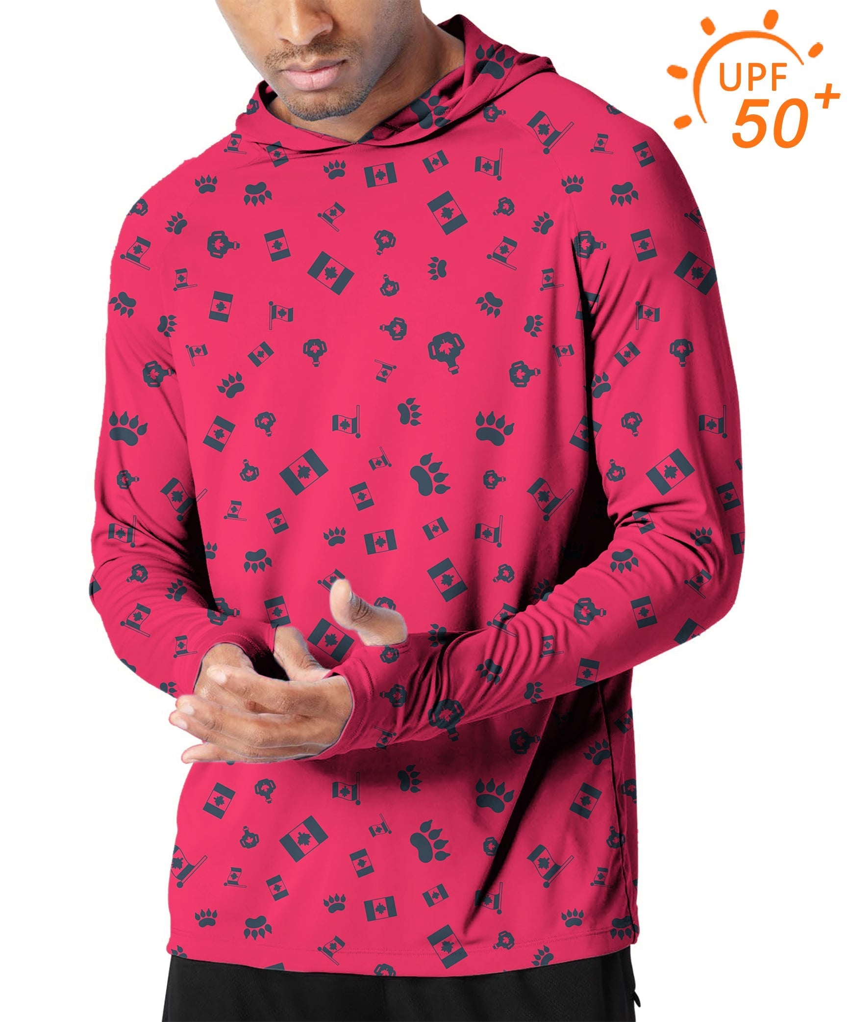 Men's outdoor Canadian flag paw print slim fit hoodie with UPF 50+ sun protection and thumb holes