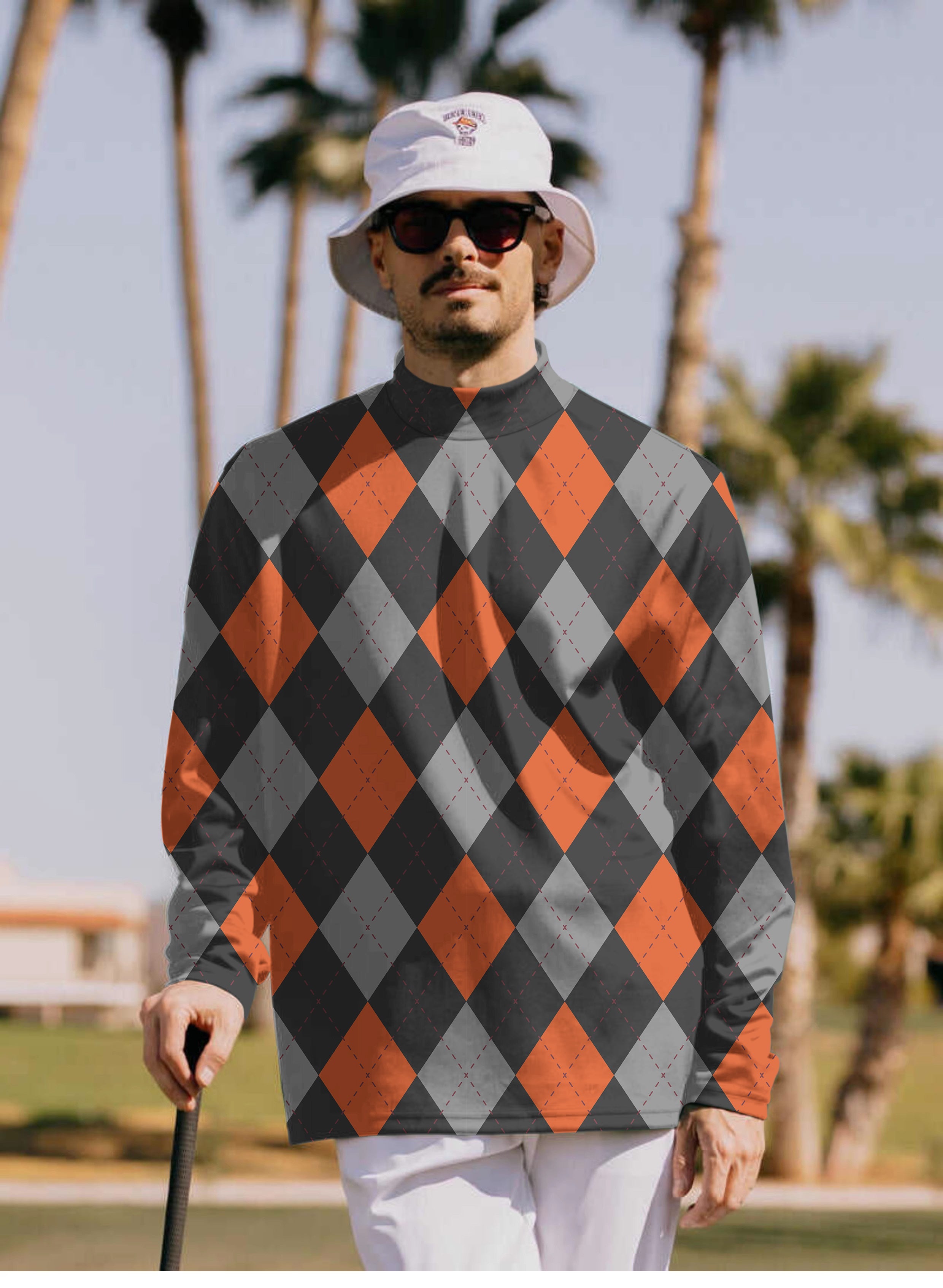 Men's Halloween black and red argyle pullover with high neck, long sleeve golf shirt
