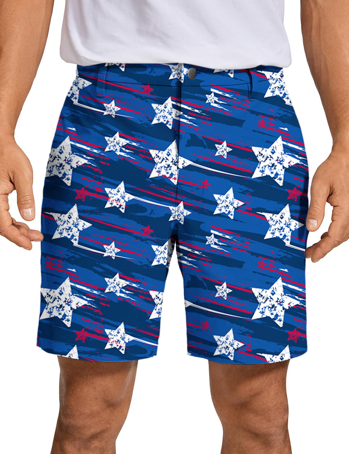 Men's American Star Golf Shorts in blue with white star pattern and red accents, breathable and quick-dry fabric for golf and casual wear